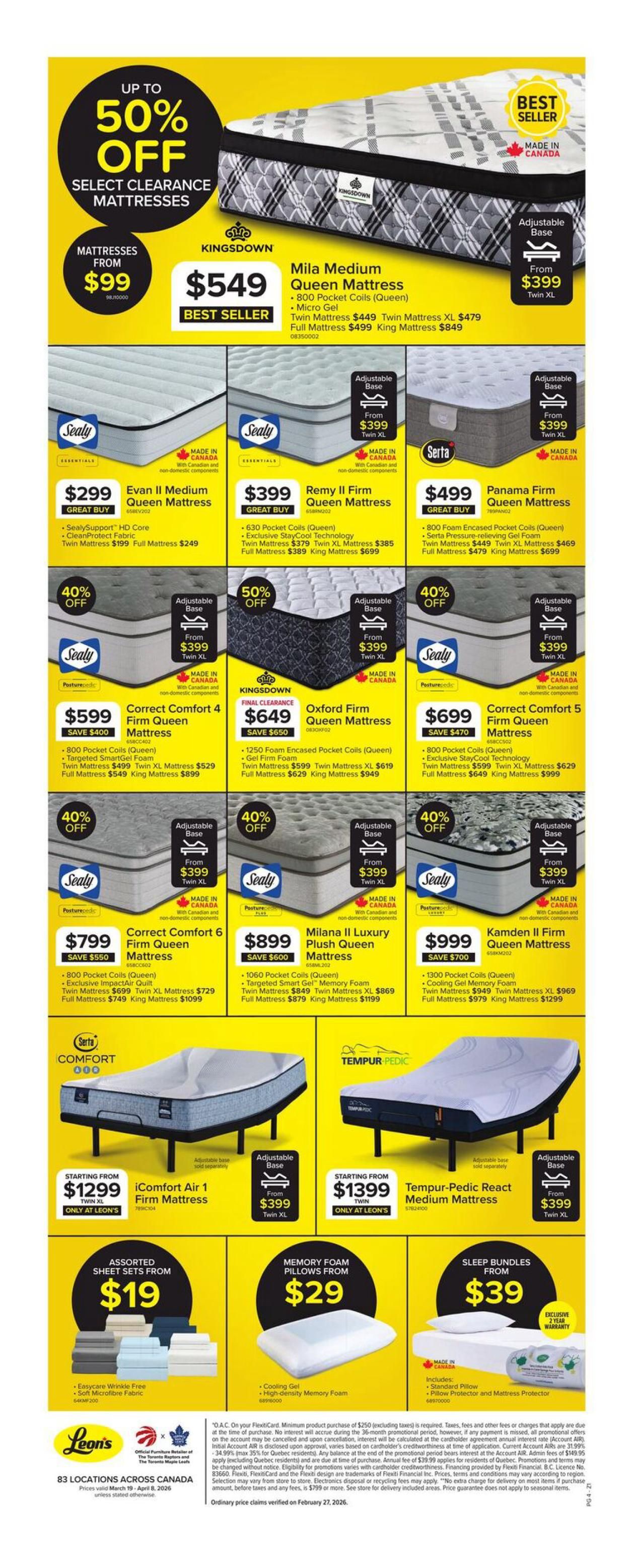 Leon's Spring Comfort Sale flyer, page 4. Features up to 50% off select clearance mattresses. The Kingsdown Mila Medium Queen Mattress is $549, with Twin XL from $399. Sealy Evan II Medium Queen Mattress is $299. Sealy Remy II Firm Queen Mattress is $399. Serta Panama Firm Queen Mattress is $499. Sealy Correct Comfort 4 Firm Queen Mattress is $599, save $400. Kingsdown Oxford Firm Queen Mattress is $649, final clearance, save $650. Serta Correct Comfort 5 Firm Queen Mattress is $699, save $470. Sealy Correct Comfort 6 Firm Queen Mattress is $799, save $550. Sealy Milana II Luxury Plush Queen Mattress is $899, save $600. Serta Kamden II Firm Queen Mattress is $999, save $700. Also featured are the Sealy iComfort Air 1 Firm Mattress starting from $1299 (Twin XL) and Tempur-Pedic React Medium Mattress starting from $1399 (Twin). Additional offers include Assorted Sheet Sets from $19 and Memory Foam Pillows from $29. Sleep Bundles are available from $39.