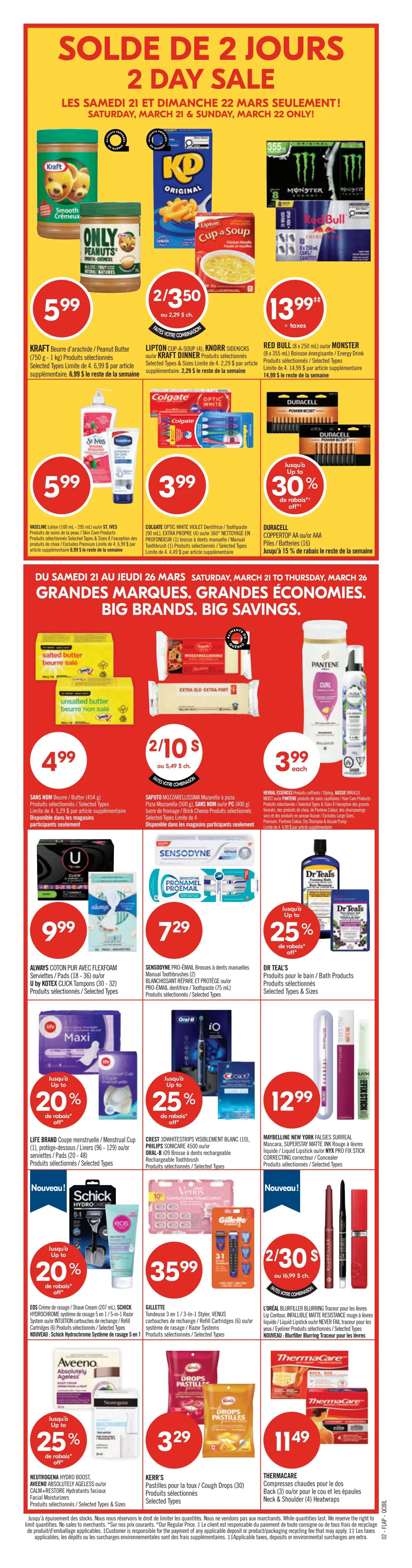 Pharmaprix weekly flyer specials page 3 features Easter basket fillers and savings. Special 2 Days Only pricing for Saturday, March 21 and Sunday, March 22. Lindt Mini Chocolate Bunnies or Gold Foil Bunny (100 g) are $6.99 plus taxes. Nestlé Assorted Hide Me Eggs (500 g) or Cadbury Mini Eggs / Hershey's Eggies (1875 g) are $18.99 plus taxes. Carnaby Sweet Milk Chocolate Solid Bunny (350 g), Cadbury Mini Eggs (200 g), or Ferrero Eggs (90 g) are 2 for $9 or $5.99 each. PC Milk Chocolate Bunny (100 g), Lindt Mini Eggs (100 g), or Hershey's Eggies (200 g) are $4.99 plus taxes. Carnaby Sweet Milk Chocolate Solid Eggs (150 g), Peeps Marshmallow Treats (85 g), or Palmer Selected Easter Chocolate are $2.79 plus taxes. Kinder Joy Surprise Egg (20 g), Swizzels Paques Squashies (160 g), or Dare Selected Easter Candy (150 g - 225 g) are 2 for $4 or $2.59 each. Squishmallows Mystery Squad or 5' Plush toys are $6. Selected bubbles or bubble toys are up to 20% off. Limited quantities available. No rainchecks. Prices are valid until March 26, 2026.