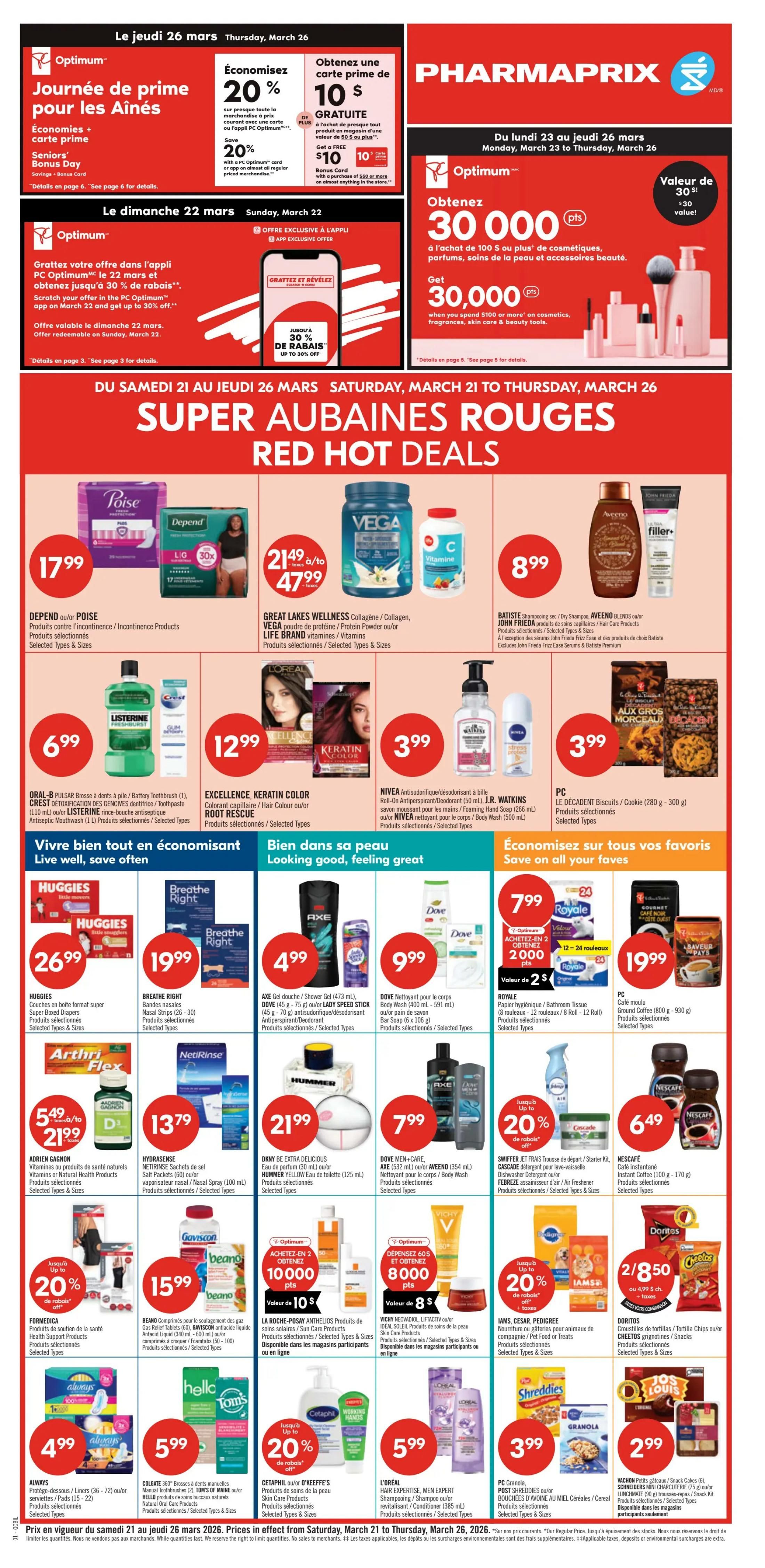Pharmaprix flyer page 1 featuring a 2-day sale on March 21 and 22. Get 20,000 PC Optimum points, valued at $20, when you open the PC Optimum app and shop your offer. Sale items include Large White Eggs for $3.49, Christie Cookies or Crackers for 2 for $4, Lay's Family Size Potato Chips for 2 for $6, and PC Bacon (500 g) for $5.99. Beverages on sale: Coca-Cola (6 x 710 mL) for $3.99, Pepsi (6 x 710 mL) for $4.19, and PC Kettle Chips (200 g) for $2.49. Frozen pizzas from Dr. Oetker Ristorante and Casa di Mama are $4.49. Gadoua White or Whole Wheat Bread (675 g) is $1. Royale Tiger Paper Towels (6 rolls) are $5.99. Bounce Fabric Softener (180 mL) and Tide Laundry Detergent Pods (20-30 loads) are $5.99. Skincare offers include CeraVe or Eucerin products with up to 20% off, and Olay Hand & Body Lotions or Regenerist Facial Moisturizers with up to 30% off. Oral care: Oral-B Toothbrush, Crest Complete or Scope toothpaste, and Colgate Max Fresh toothpaste are $0.99.
