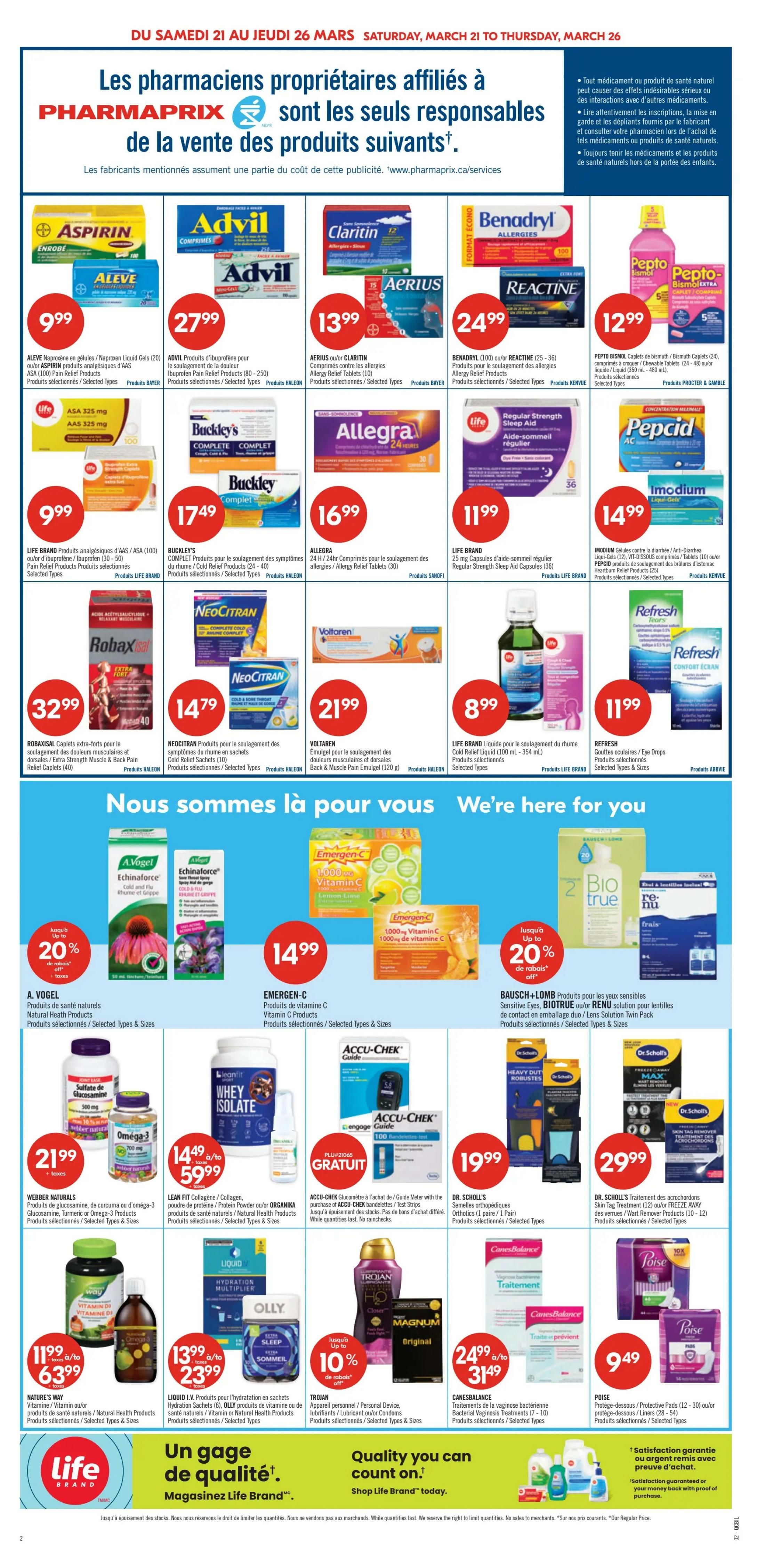 Pharmaprix weekly flyer specials page 6. Featuring a variety of health and wellness products. Top row includes: Aleve Naproxen Liquid Gels for $9.99, Advil Ibuprofen Pain Relief Tablets for $27.99, Aerius or Claritin Allergy Relief Tablets for $13.99, Benadryl Allergy Relief Tablets for $24.99, and Pepto Bismol Caplets for $12.99. Second row features: Life Brand ASA 325 mg for $9.99, Buckley's Complete Cold & Cough Relief for $17.49, Allegra 24hr Allergy Relief Tablets for $16.99, Life Brand Regular Strength Sleep Aid Capsules for $11.99, and Pepcid Acid Reducer for $14.99. Third row includes: Robaxisal Extra Strength Pain Relief Caplets for $32.99, Neocitran Cold & Cough Relief Sachets for $14.79, Voltaren Emulgel for muscle pain for $21.99, Life Brand Cold Relief Liquid for $8.99, and Refresh Eye Drops for $11.99. The middle section highlights 'We're here for you' with A. Vogel Echinacea for $19.99, Emergen-C Vitamin C products for $14.99, and Bausch + Lomb Sensitive Eyes, Biotrue, or Renu solutions starting at $20.99. The bottom section showcases: Webber Naturals Glucosamine, Turmeric or Omega-3 products for $21.99, Lean Fit Whey Isolate Protein Powder for $14.49 or $59.99, Accu-Chek Guide Meters or Test Strips with a free offer, Dr. Scholl's Orthotics or Wart Remover Products for $19.99, and Dr. Scholl's Foot Treatment for $29.99. Further down, Nature's Way Vitamin D or other health products are $11.99 or $63.99, Liquid IV Hydration Multiplier or Olly Sleep products are $13.99 or $23.99, Trojan Magnum condoms are 10% off, Canesbalance Vaginal Yeast Infection Treatments are $24.99 or $31.49, and Poise Protective Pads are $9.49. The flyer also promotes 'Shop Life Brand today'.