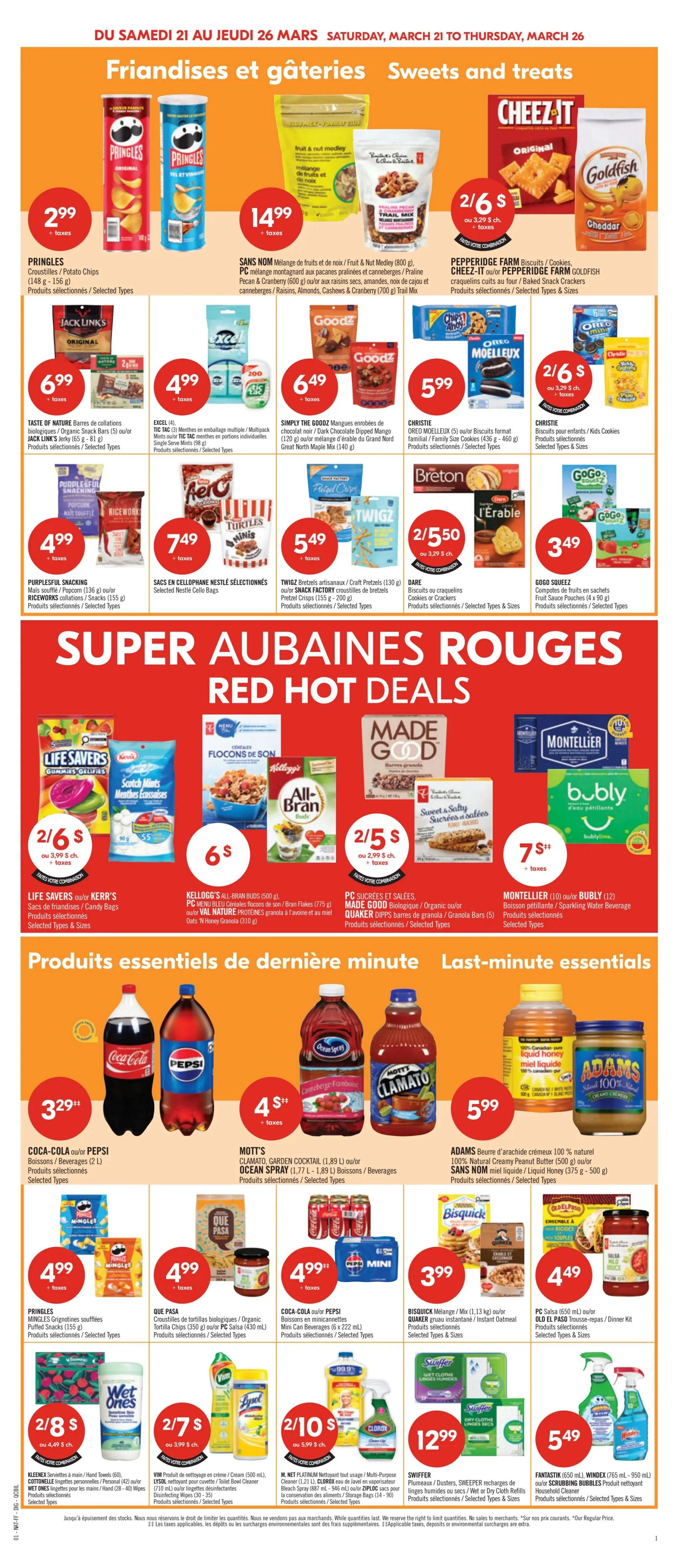 Pharmaprix weekly flyer specials page 10, featuring 'Sweets and Treats' and 'Last-minute essentials'. Top section includes Pringles Potato Chips for $2.99, Fruit & Nut Medley for $14.99, Cheez-It or Pepperidge Farm Goldfish Crackers for 2 for $6, Taste of Nature Organic Snack Bars or Jack Link's Jerky for $6.99, Excel Tic Tacs for $4.99, Simply the Goodz Dipped Mango or Great North Maple Mix for $6.49, Christie Oreos for $5.99, Christie Kids Cookies for 2 for $6, Purplesful Snacking Rice Crisps or Popcorn for $4.99, Nestle Cello Bags for $7.49, Twigz Pretzels or Craft Pretzels for $5.49, and Dare Crackers for 2 for $5.50. GoGo Squeez Pouches for $3.49. Middle section 'Super Red Hot Deals' includes Life Savers or Kerr's Candy Bags for 2 for $6, Kellogg's All-Bran Cereal or Brain Flakes for $6, PC Made Good Granola Bars or Quaker Dipps for 2 for $5, and Montellier or Bubly Sparkling Water for $7. Bottom section 'Last-minute essentials' features Coca-Cola or Pepsi Beverages for $3.29, Mott's Clamato or Ocean Spray Beverages for $4, and Adams Peanut Butter or Liquid Honey for $5.99. Further down, Pringles Mingles for $4.99, Que Pasa Tortilla Chips or Salsa for $4.99, Coca-Cola or Pepsi Mini Cans for $4.99, Bisquick or Quaker Instant Oatmeal for $3.99, and PC Salsa or Old El Paso Taco Shells for $4.49. Finally, Wet Ones Wipes for 2 for $8, Vim Bleach Cleaner or Disinfecting Wipes for 2 for $7, M. Net Platinum All-Purpose Cleaner or Clorox Bleach for 2 for $10, Swiffer Dusters or Sweeper Refills for $12.99, and Fantastik or Windex for $5.49.