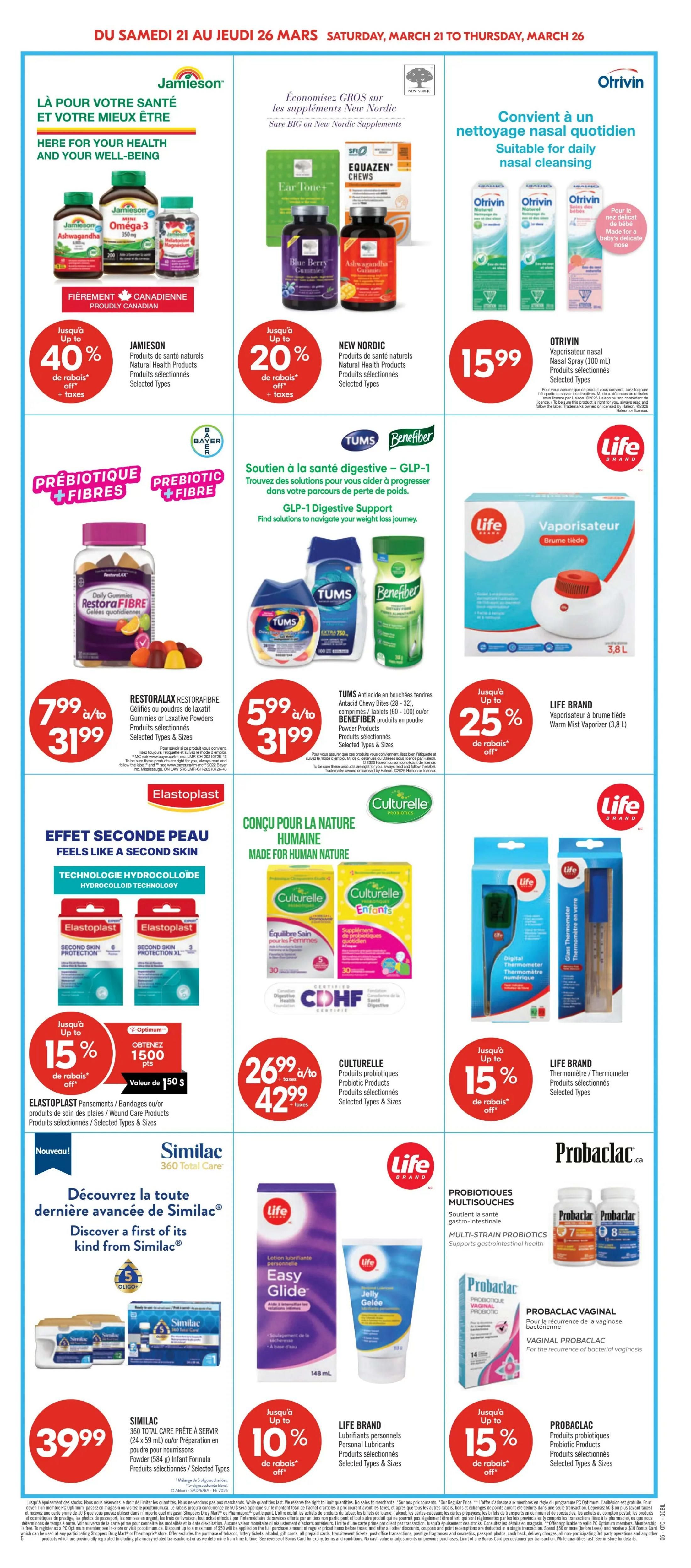 Pharmaprix weekly flyer specials, page 13. Featuring Jamieson natural health products with up to 40% off, including Omega-3 and Ashwagandha. New Nordic supplements are on sale with up to 20% off. Otrivin nasal spray is $15.99. Restoralax or Fibre gummies are $7.99 to $31.99. Tums Antacid Chewy Bites or Benefiber powder products are $5.99 to $31.99. Life Brand Warm Mist Vaporizer is on sale for up to 25% off. Elastoplast bandages and wound care products are up to 15% off, with an Optimum offer of 1500 points on a $50 value purchase. Culturelle probiotic products for women and children are $26.99 to $42.99. Life Brand digital and glass thermometers are up to 15% off. Similac 360 Total Care powder is $39.99. Life Brand personal lubricants are up to 10% off. Probaclac probiotic products are on sale with up to 15% off, including vaginal probiotic options.