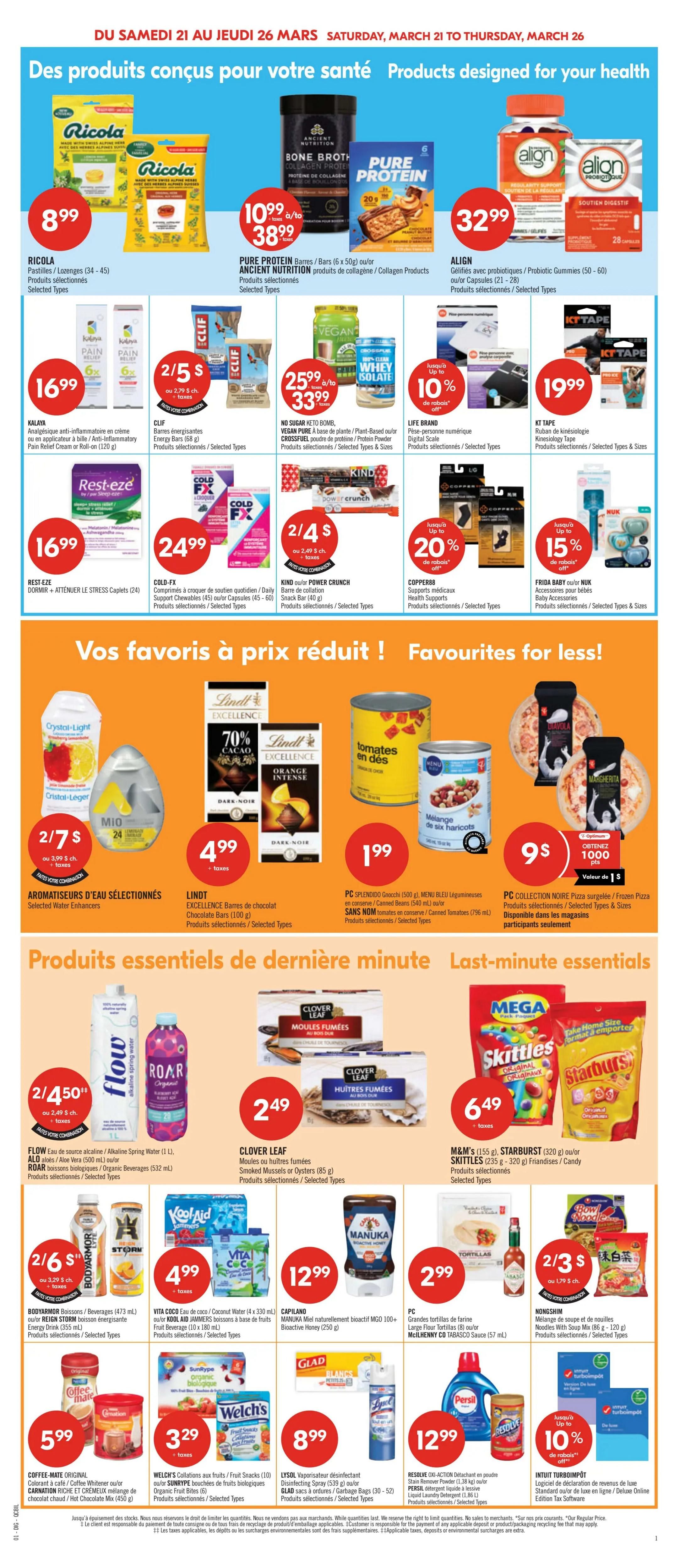 Pharmaprix weekly flyer specials page 17, featuring products designed for your health. Offers include Ricola Pastilles/Lozenges (34-45) for $8.99, Pure Protein Bars/Bars (6 x 50g) or Ancient Nutrition Collagen Products for $10.99 to $38.99, and Align Probiotic Gummies (50-60) or Probiotic Capsules (21-28) for $32.99. Also featured are Kalaya Anti-inflammatory Cream or Roll-on (120g) for $16.99, CLIF Energy Bars (68g) for 2 for $5, and No Sugar Keto Bomb or Vegan Pure Crossfuel for $25.99 to $33.99. Life Brand Digital Scale for up to 10% off, and KT Tape Kinesiology Tape for $19.99. Rest-eze Sleep Caplets (24) for $16.99, Cold-FX Daily Support Chewables (45) or Capsules (45-60) for $24.99, and Kind or Power Crunch Bars for 2 for $4. Copper88 Supports for up to 20% off, and Frida Baby or Nuk Accessories for babies for up to 15% off. 'Favourites for less' section includes Mio Crystal Light Liquid Water Enhancers for 2 for $7, Lindt Excellence Chocolate Bars (100g) for $4.99, PC Splendido Gnocchi (500g) or Menu Bleu Legumes (540ml) for $1.99, and PC Collection Noir Frozen Pizza for $9, with a bonus of 1000 points. 'Last-minute essentials' include Flow Alkaline Spring Water (1L) or Roar Organic Beverages (532ml) for 2 for $4.50, Clover Leaf Smoked Mussels or Oysters (85g) for $2.49, and M&M's (155g), Starburst (320g) or Skittles (235-320g) for $6.49. Bodyarmor Beverages (473ml) or Reign Sport Drinks (355ml) for 2 for $6. Vita Coco Coconut Water (4 x 330ml) or Rgeal All-B Naturals Beans for $4.99. Capilano Manuka Bioactive Honey (250g) for $12.99. PC Large Flour Tortillas (8 pk) or Mcilhenny Co Tabasco Sauce (57ml) for $2.99. Nongshim Soup and Noodles for 2 for $3. Coffee-Mate Original or Creamer (450g) for $5.99. Welch's Fruit Snacks (10 pk) or Sunripe Fruit Snacks for $3.29. Lysol Disinfecting Spray (539g) or Garbage Bags (30-52) for $8.99. Resolve Laundry Detergent (1.26L) or Persil (1.26L) for $12.99. Intuit TurboTax software for up to 10% off.