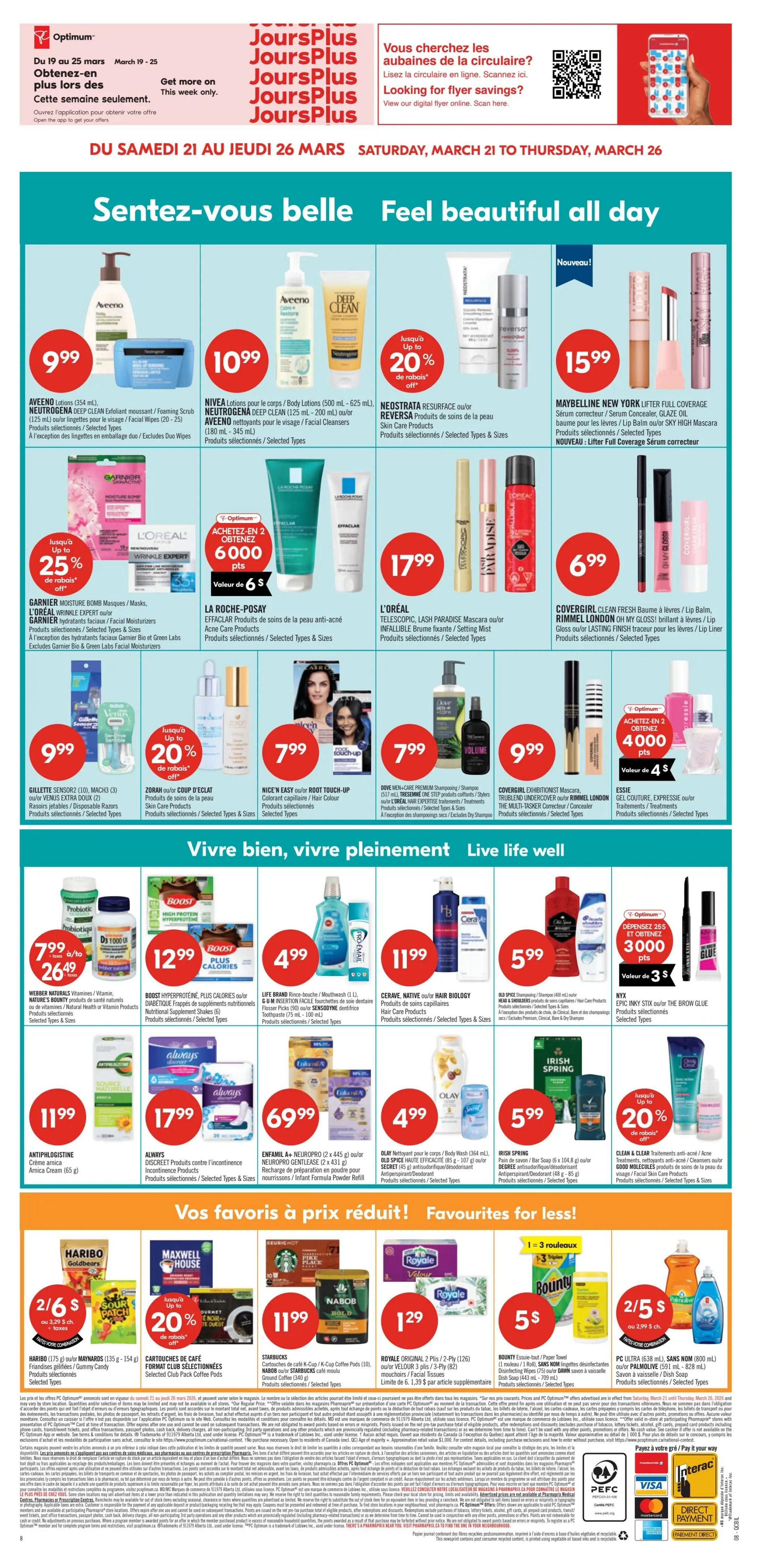 Pharmaprix weekly flyer specials page 19, featuring 'Feel beautiful all day' and 'Live well, live happily'. Deals include Aveeno lotions for $9.99, Nivea lotions for $10.99, Neostrata Resurface or Reversa skin care up to 20% off, and Maybelline New York Lifter Full Coverage foundation for $15.99. Also featured are Garnier Moisture Bomb masks for $25 off, L'Oréal Paris products including Effaclar skincare for $17.99 and Telescopic Lash Paradise mascara for $17.99. Covergirl Clean Fresh lip balm or gloss is $6.99. Gillette Sensor2 razors are $9.99. Zorah Gout d'Eclat skincare is up to 20% off. Nice'n Easy Root Touch-Up hair colour is $7.99. Dove Men+Care Premium shampoo is $7.99. Covergirl Exhibitionist mascara is $9.99. Essie nail polish is featured. In the 'Live well, live happily' section, Webbers Natural Vitamins/Nature's Bounty products are $26.49. Boost Plus protein drinks are $12.99. Life Brand mouthwash and Sensodyne toothpaste are $4.99. Cerave skincare is $11.99. Old Spice deodorant is $5.99. Irish Spring bar soap is $5.99. Clean & Clear skincare is up to 20% off. Antiphlogistine cream is $11.99. Always Discreet products are $17.99. Enfamil A+ Neuroprogen (2 x 445 g) or Gentlease is $69.99. Olay body wash and Old Spice body wash are $4.99. In 'Your favourites at a reduced price!', Haribo Goldbears or Sour Patch Kids are 2 for $6. Maxwell House coffee is up to 20% off. Starbucks K-Cup or K-Cup coffee pods are $11.99. Royale Original Plus 2-ply or 3-ply toilet paper is $1.29. Bounty paper towels are $5. PC Ultra (638 mL) or Palmolive (828 mL) dish soap is 2 for $5.