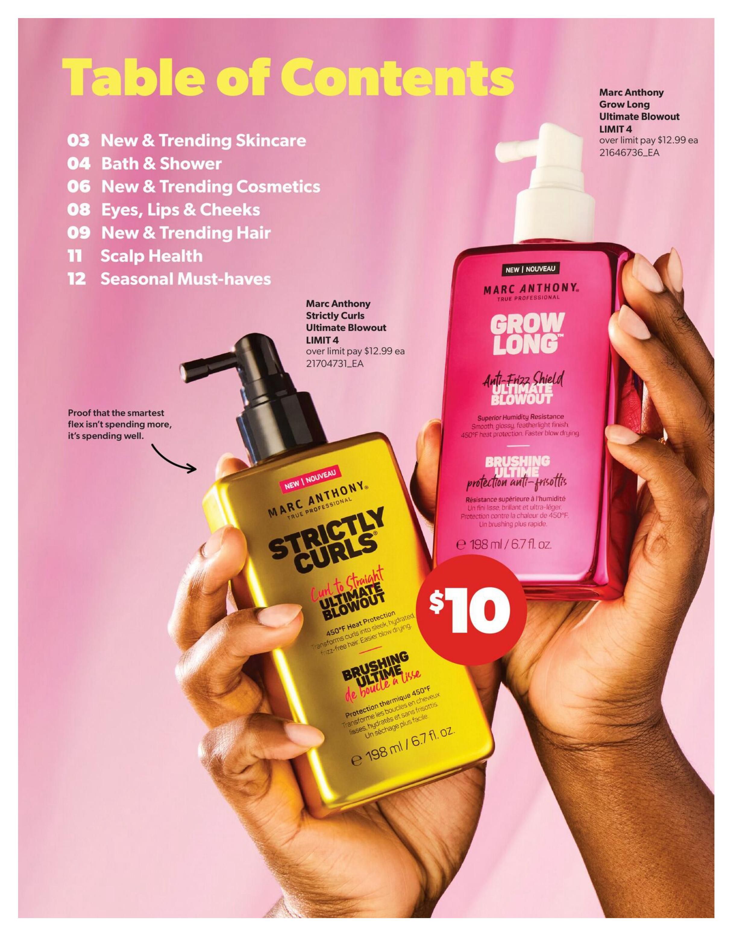 Real Canadian Superstore Spring Beauty Book, Page 2. Table of Contents lists sections: New & Trending Skincare (p. 03), Bath & Shower (p. 04), New & Trending Cosmetics (p. 06), Eyes, Lips & Cheeks (p. 08), New & Trending Hair (p. 09), Scalp Health (p. 11), and Seasonal Must-haves (p. 12). Featured products include Marc Anthony Strictly Curls Ultimate Blowout, limit 4, over limit pay $12.99 each, and Marc Anthony Grow Long Ultimate Blowout, limit 4, over limit pay $12.99 each. The Marc Anthony Strictly Curls Ultimate Blowout is priced at $10. The product description states it provides 450°F heat protection and transforms curls into sleek, hydrated, frizz-free hair for easier blow drying.