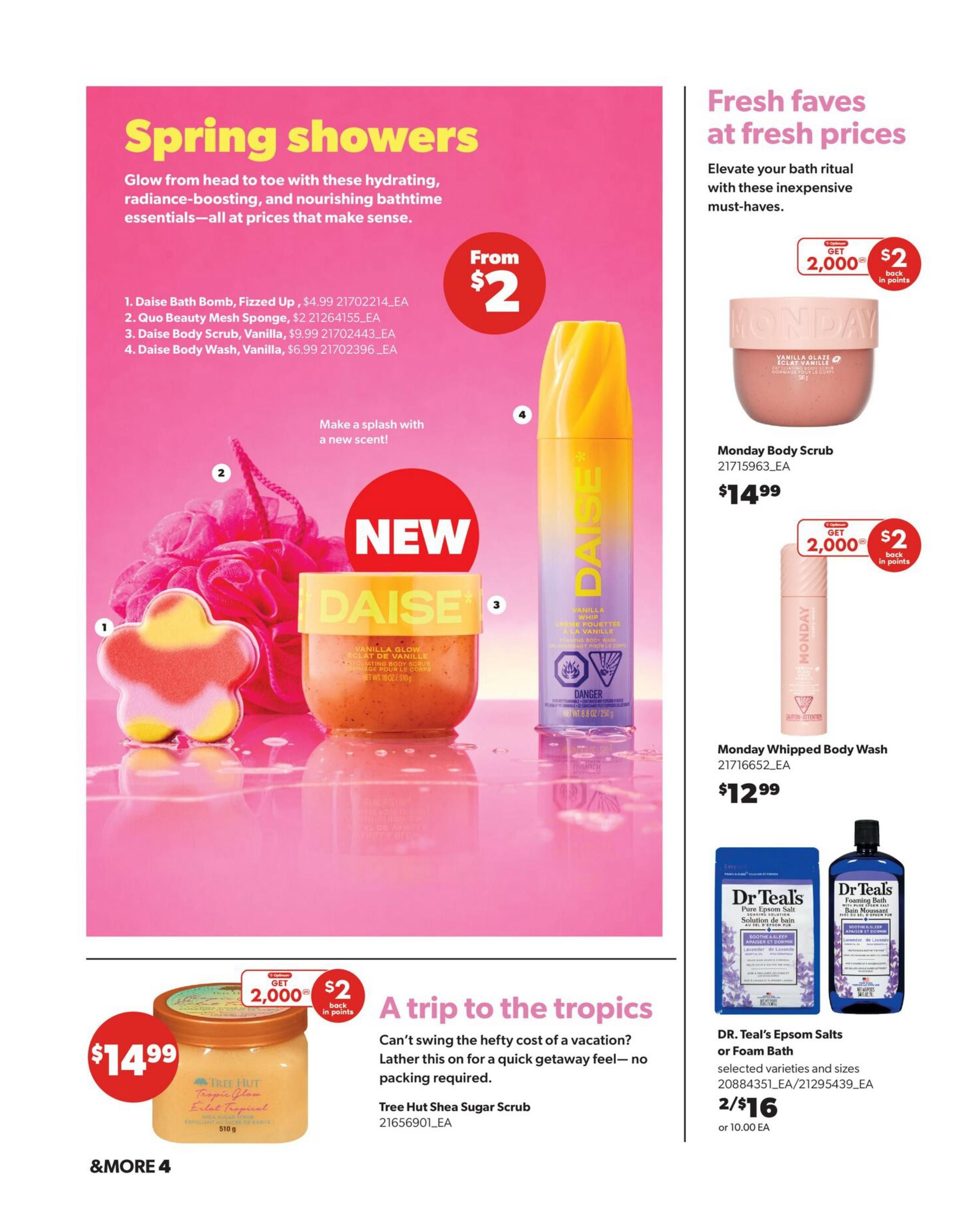 Real Canadian Superstore Spring Beauty Book flyer, page 4. Features 'Spring Showers' with hydrating bath time essentials starting from $2. Items include Daise Bath Bomb, Fizzed Up for $4.99, Quo Beauty Mesh Sponge for $2, Daise Body Scrub, Vanilla for $9.99, and Daise Body Wash, Vanilla for $6.99. Also featured is a 'NEW' Daise Body Scrub. On the right, 'Fresh faves at fresh prices' includes Monday Body Scrub for $14.99 and Monday Whipped Body Wash for $12.99, with an offer to get 2,000 points back ($2 value) on select Monday products. Below, Tree Hut Shea Sugar Scrub is $14.99, with an offer to get 2,000 points back ($2 value). Finally, DR. Teal's Epsom Salts or Foam Bath are 2 for $16 or $10.00 each for selected varieties and sizes.