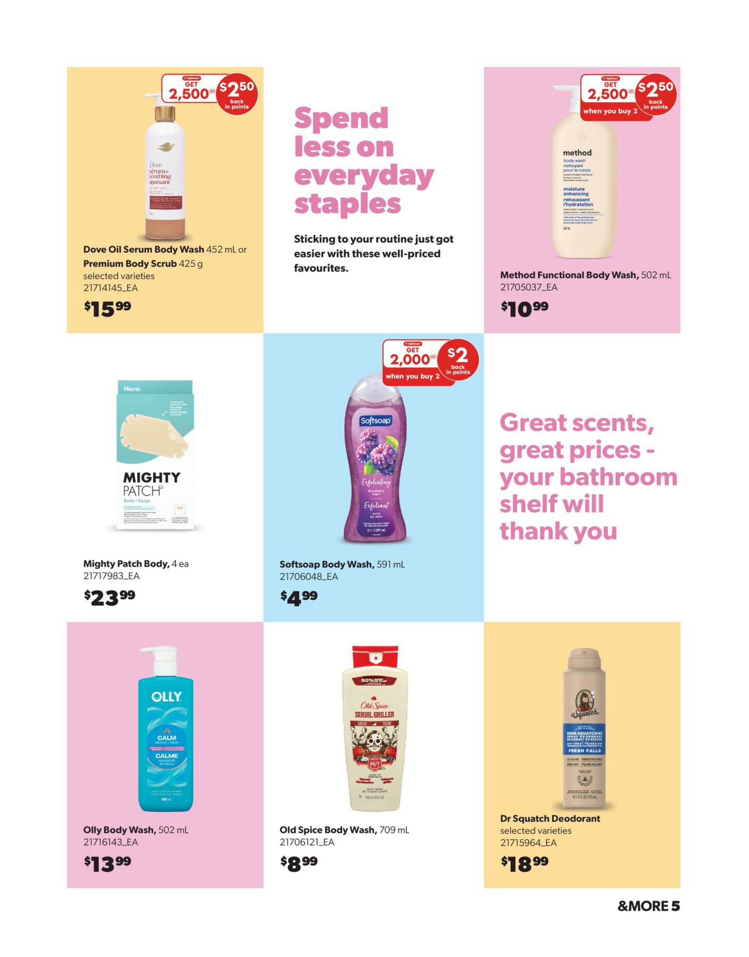 Real Canadian Superstore Spring Beauty Book flyer, page 5. Features Dove Oil Serum Body Wash 452 mL or Premium Body Scrub 425 g for $15.99, with a promotion for 2,500 points back when you buy. Method Functional Body Wash 502 mL is $10.99, with a promotion for 2,500 points back when you buy 2. Also available are Mighty Patch Body, 4 ea for $23.99, Softsoap Body Wash 591 mL for $4.99 with a promotion for 2,000 points back when you buy 2. Olly Body Wash 502 mL is $13.99. Old Spice Body Wash 709 mL is $8.99. Dr Squatch Deodorant, selected varieties, is $18.99. The page has a headline 'Spend less on everyday staples' and 'Great scents, great prices - your bathroom shelf will thank you.