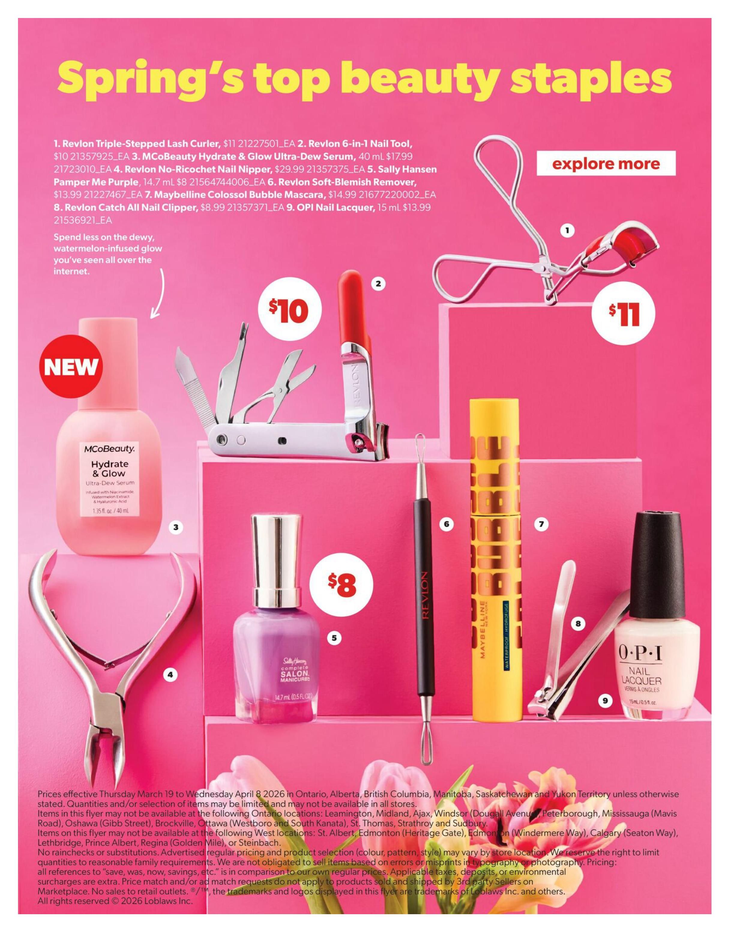 Real Canadian Superstore Spring Beauty Staples flyer page featuring various beauty products. Items include: Revlon Triple-Stepped Lash Curler for $11, Revlon 6-in-1 Nail Tool for $10, MCoBeauty Hydrate & Glow Ultra-Dew Serum (40 mL) for $17.99, Sally Hansen Pamper Me Purple Nail Polish (14.7 mL) for $8, Revlon Soft-Blemish Remover for $13.99, Maybelline Colossal Bubble Mascara for $14.99, Revlon Catch All Nail Clipper for $8.99, and OPI Nail Lacquer (15 mL) for $13.99. The page also highlights a new MCoBeauty serum with a watermelon-infused glow description.