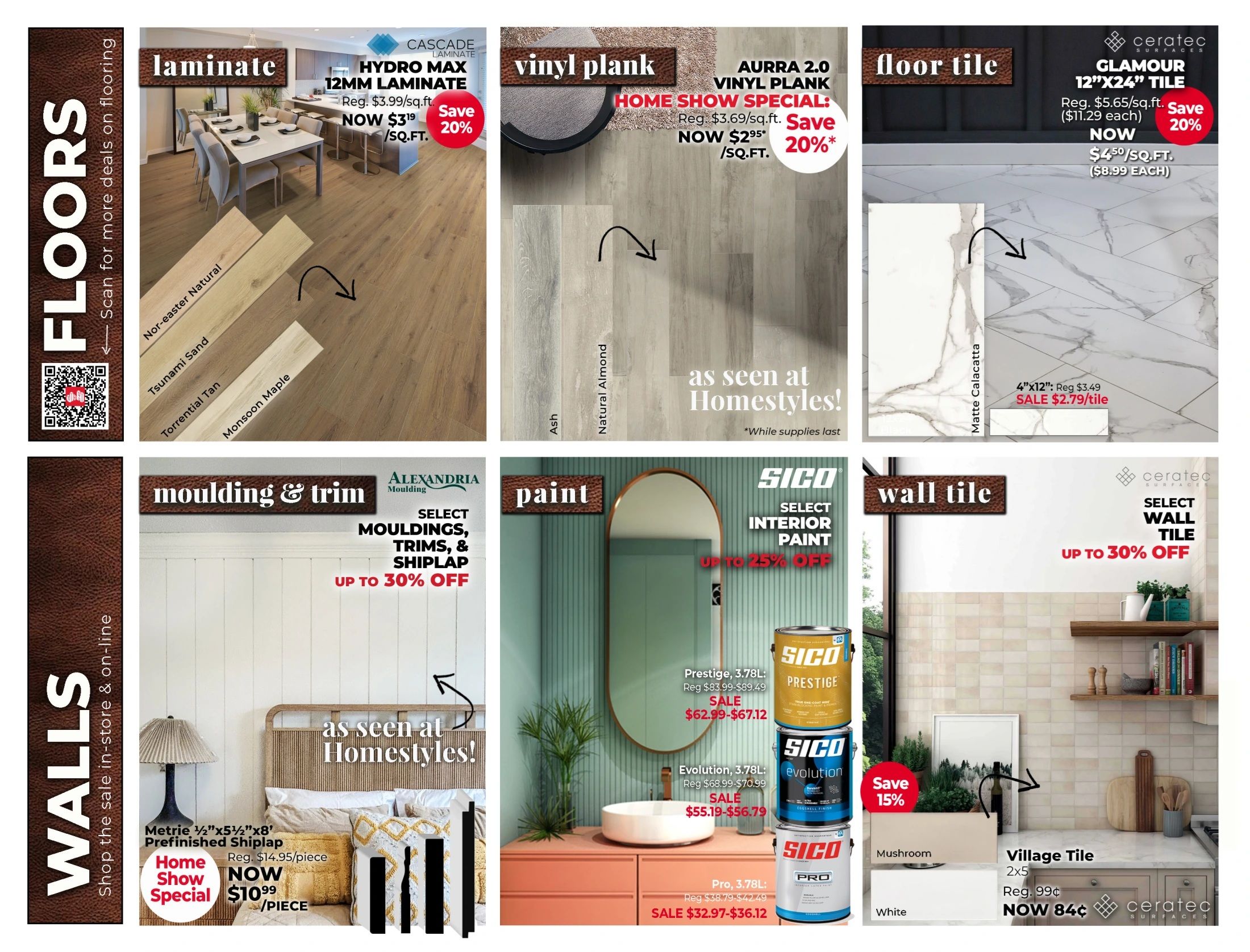 J&H Builder's Warehouse flyer specials page 3 features flooring, moulding & trim, paint, and tile. Flooring includes Cascade Hydro Max 12MM Laminate at $3.19/sq.ft. (save 20%), and Aurra 2.0 Vinyl Plank at $2.95/sq.ft. (save 20%). Floor tile is Glamour 12'x24' tile, now $4.50/sq.ft. ($8.99 each), and 4'x12' Matte Calacatta tile on sale for $2.79/tile. Walls section highlights Alexandria Moulding select mouldings, trims, and shiplap up to 30% off, and Metrie 1/2'x5 1/2'x8' prefinished shiplap for $10.99/piece (Home Show Special). Paint offers SICO Select Interior Paint up to 25% off, with Prestige 3.78L on sale for $62.99-$67.12, Evolution 3.78L for $55.19-$56.79, and Pro 3.78L for $32.97-$36.12. Wall tile includes select wall tile up to 30% off, and Village Tile 2x5 in White now 84¢ (regularly 99¢).