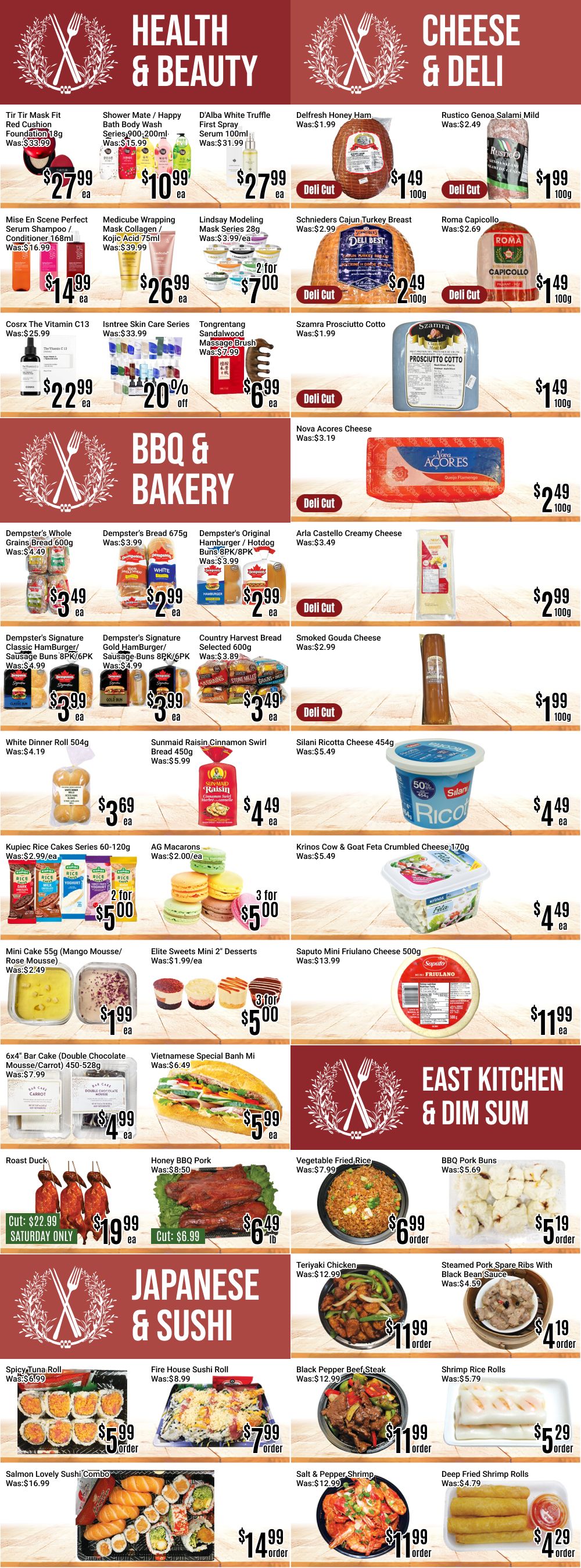 Nations Fresh Foods weekly flyer specials page 4 features Health & Beauty, Cheese & Deli, BBQ & Bakery, and East Kitchen & Dim Sum sections. Health & Beauty items include Tir Tir Mask Fit Red Cushion Foundation for $27.99, Shower Mate / Happy Bath Body Wash for $10.99, and D'Alba White Truffle First Spray Serum for $27.99. Cheese & Deli offers DelFresh Honey Ham for $1.49/100g, Rustico Genoa Salami Mild for $1.99/100g, Schnieders Cajun Turkey Breast for $2.49/100g, and Roma Capicollo for $1.49/100g. BBQ & Bakery highlights include Dempster's Whole Grains Bread 600g for $3.49, Dempster's Bread 675g for $2.99, Dempster's Original Hamburger/Hotdog Buns 8PK/8PK for $2.99, Country Harvest Bread Selected 600g for $3.49, and Smoked Gouda Cheese for $1.99/100g. Also featured are White Dinner Roll 504g for $3.69, Sunmaid Raisin Cinnamon Swirl Bread 450g for $4.49, Silani Ricotta Cheese 454g for $4.49, Kupiec Rice Cakes Series 60-120g at 2 for $5.00, AG Macarons at 3 for $5.00, and Krinos Cow & Goat Feta Crumbled Cheese 170g for $4.49. East Kitchen & Dim Sum includes Roast Duck for $19.99 (Saturday only, cut $22.99), Honey BBQ Pork for $6.49/lb (cut $6.99), Vegetable Fried Rice for $6.99/order, and BBQ Pork Buns for $5.19/order. The Japanese & Sushi section offers Teriyaki Chicken for $11.99/order, Steamed Pork Spare Ribs with Black Bean Sauce for $4.19/order, Spicy Tuna Roll for $5.99/order, Fire House Sushi Roll for $7.99/order, Black Pepper Beef Steak for $11.99/order, Shrimp Rice Rolls for $5.29/order, Salmon Lovely Sushi Combo for $14.99/order, Salt & Pepper Shrimp for $11.99/order, and Deep Fried Shrimp Rolls for $4.29/order.