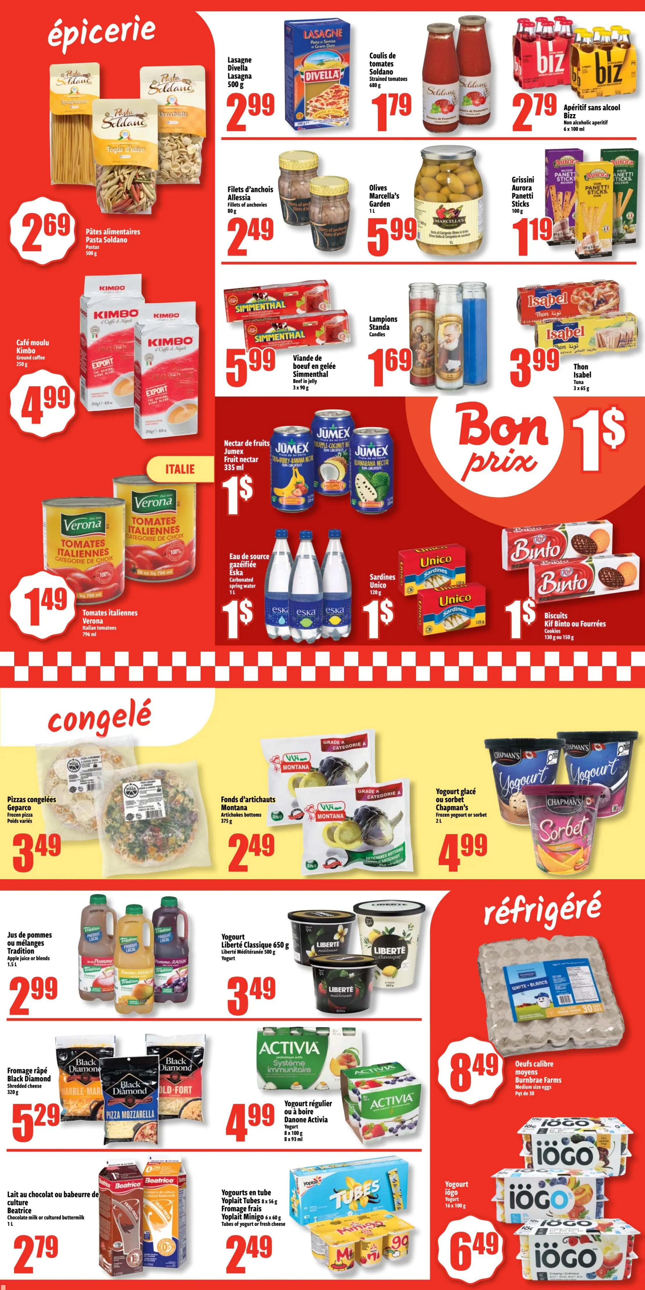 Bonanza weekly flyer specials page 2 features grocery items. Top section includes: Divella Lasagna 500g for $2.99, Soldano Coulis of Tomatoes 680g for $1.79, Biz Non-alcoholic aperitif 6 x 100 ml for $2.79. Also featured are: Pasta Soldano pasta 500g for $2.69, Allessia Anchovy Fillets 80g for $2.49, Marcella's Garden Olives 1L for $5.99, Aurora Panetti Sticks 100g for $1.19. Kimbo Ground Coffee 250g is $4.99. Simmenthal Beef in Jelly 3 x 90g is $5.99, and Standa Candles are $1.69. Isabel Tuna 3 x 65g is $3.99. Verona Italian Tomatoes 796 ml is $1.49. Jumex Fruit Nectar 335 ml is $1. Eska Carbonated Spring Water 1L is $1. Unico Sardines 120g is $1. Bento or Fourrées Cookies 130g or 150g are $1. The frozen section includes: Geparco frozen pizzas for $3.49, and Montana Artichoke Bottoms 375g for $2.49. Chapman's Frozen Yogurt or Sorbet is $4.99. Tradition Apple Juice or Blends 1.5L is $2.99. Liberté Classic Yogurt 650g or Méditerranée 500g yogurt is $3.49. Black Diamond Shredded Cheese 320g is $5.29. Activia Yogurt Drinks 8 x 100g or 8 x 93ml is $4.99. Beatrice Chocolate Milk or Cultured Buttermilk 1L is $2.79. Yoplait Tubes 8 x 56g or Minigo 6 x 40g yogurt is $2.49. Iögo Yogurt 16 x 100g is $6.49. The refrigerated section shows Burnbrae Farms Medium Size Eggs (30 count) for $8.49.