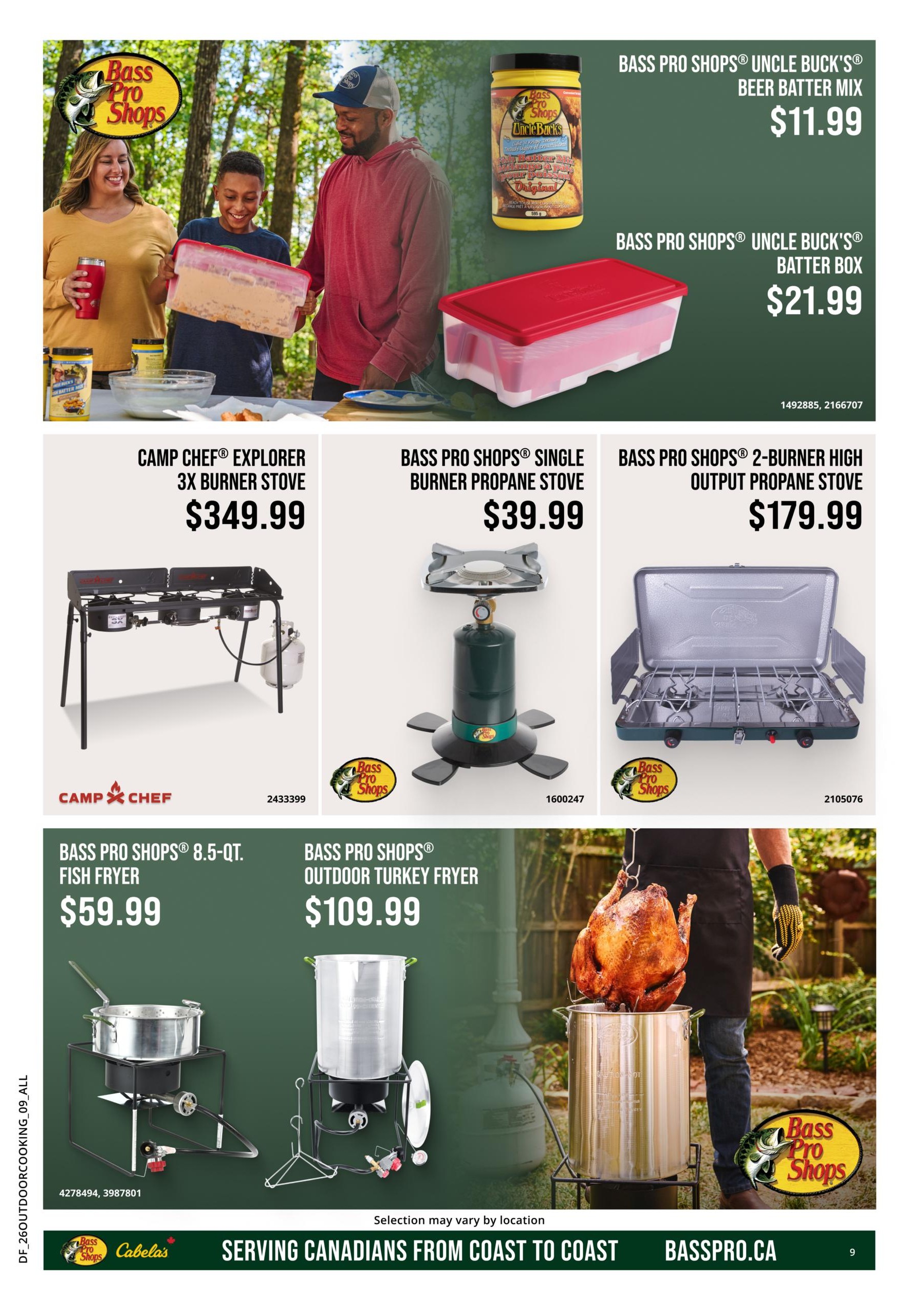 Cabela's flyer page 9 features cooking and grilling equipment. Top section shows Bass Pro Shops Uncle Buck's Beer Batter Mix for $11.99 and Bass Pro Shops Uncle Buck's Batter Box for $21.99. Below are three propane stoves: Camp Chef Explorer 3X Burner Stove for $349.99, Bass Pro Shops Single Burner Propane Stove for $39.99, and Bass Pro Shops 2-Burner High Output Propane Stove for $179.99. The bottom section highlights fryers: Bass Pro Shops 8.5-qt. Fish Fryer for $59.99 and Bass Pro Shops Outdoor Turkey Fryer for $109.99. The flyer includes the tagline 'Serving Canadians from Coast to Coast' and the website basspro.ca.