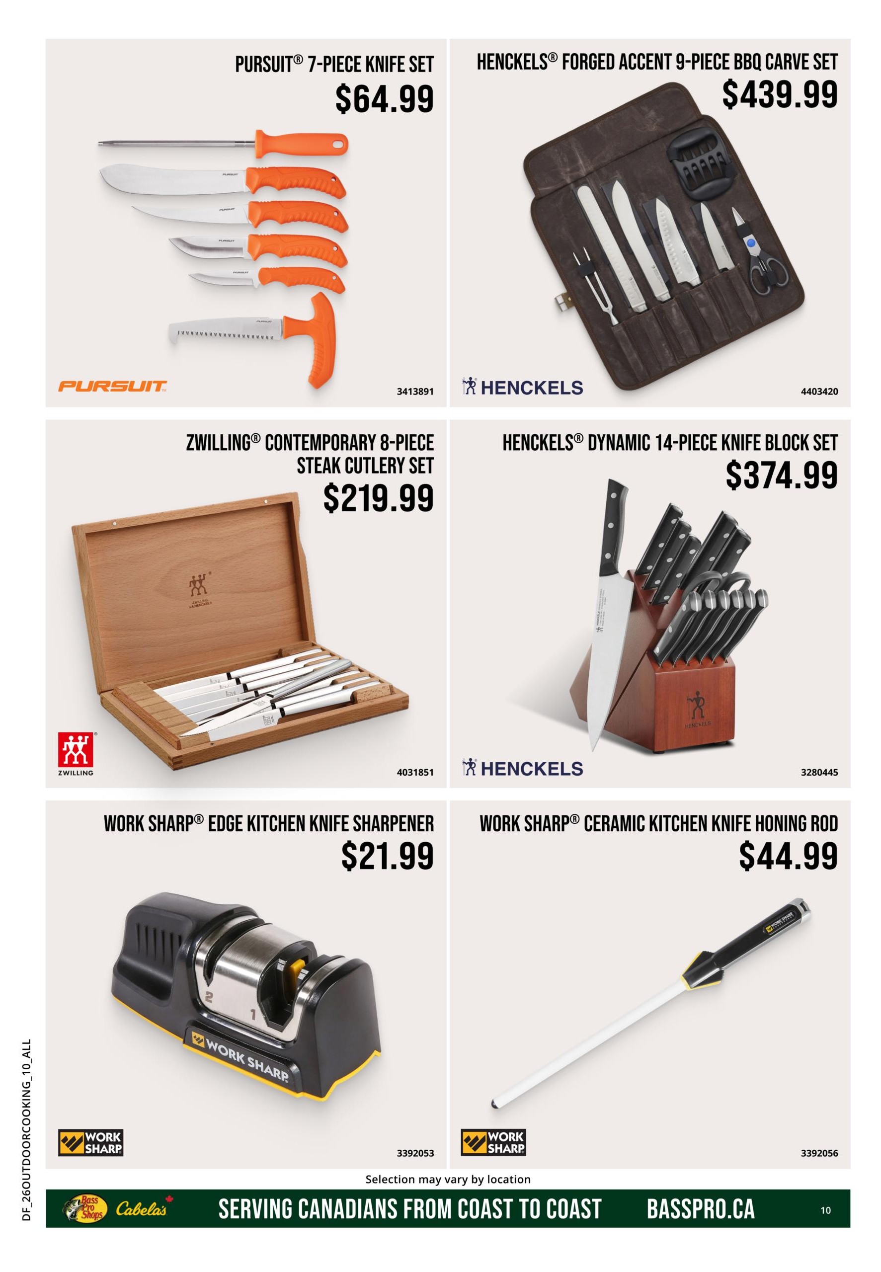 Cabela's flyer page 10 features kitchen knives and sharpeners. On the top left, a PURSUIT 7-Piece Knife Set is available for $64.99. To the right, the HENCKELS Forged Accent 9-Piece BBQ Carve Set is priced at $439.99. Below the Pursuit set, the ZWILLING Contemporary 8-Piece Steak Cutlery Set is offered at $219.99. On the bottom left, the WORK SHARP Edge Kitchen Knife Sharpener costs $21.99. The bottom right showcases the WORK SHARP Ceramic Kitchen Knife Honing Rod for $44.99. The page also highlights the HENCKELS Dynamic 14-Piece Knife Block Set for $374.99.