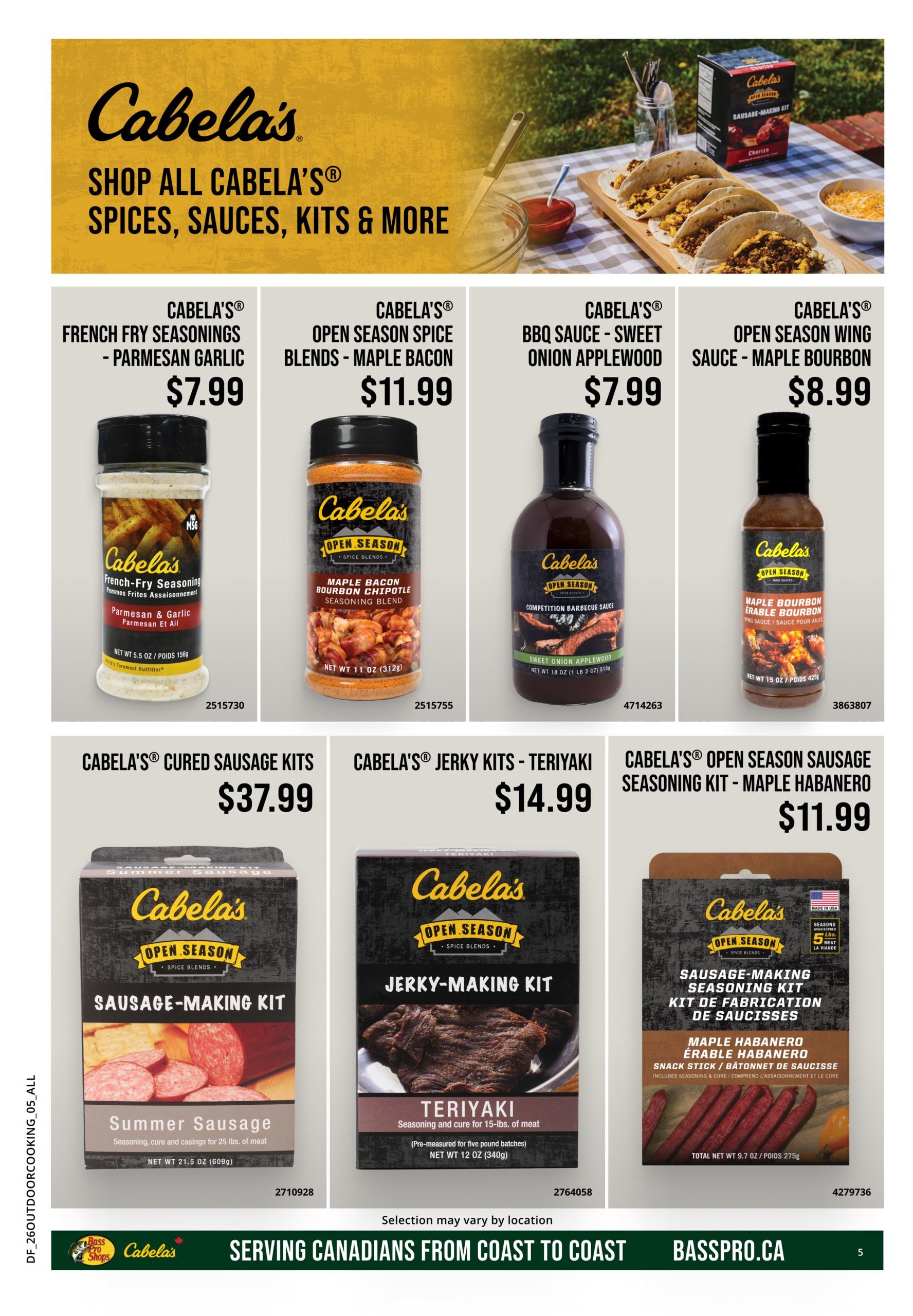 Bass Pro Shops flyer page 5 featuring Cabela's spices, sauces, kits, and more. Products include Cabela's French Fry Seasonings - Parmesan Garlic for $7.99, Cabela's Open Season Spice Blends - Maple Bacon for $11.99, Cabela's BBQ Sauce - Sweet Onion Applewood for $7.99, and Cabela's Open Season Wing Sauce - Maple Bourbon for $8.99. Also featured are Cabela's Cured Sausage Kits for $37.99, Cabela's Jerky Kits - Teriyaki for $14.99, and Cabela's Open Season Sausage Seasoning Kit - Maple Habanero for $11.99. The page highlights 'Serving Canadians from Coast to Coast' and 'Basspro.ca'.