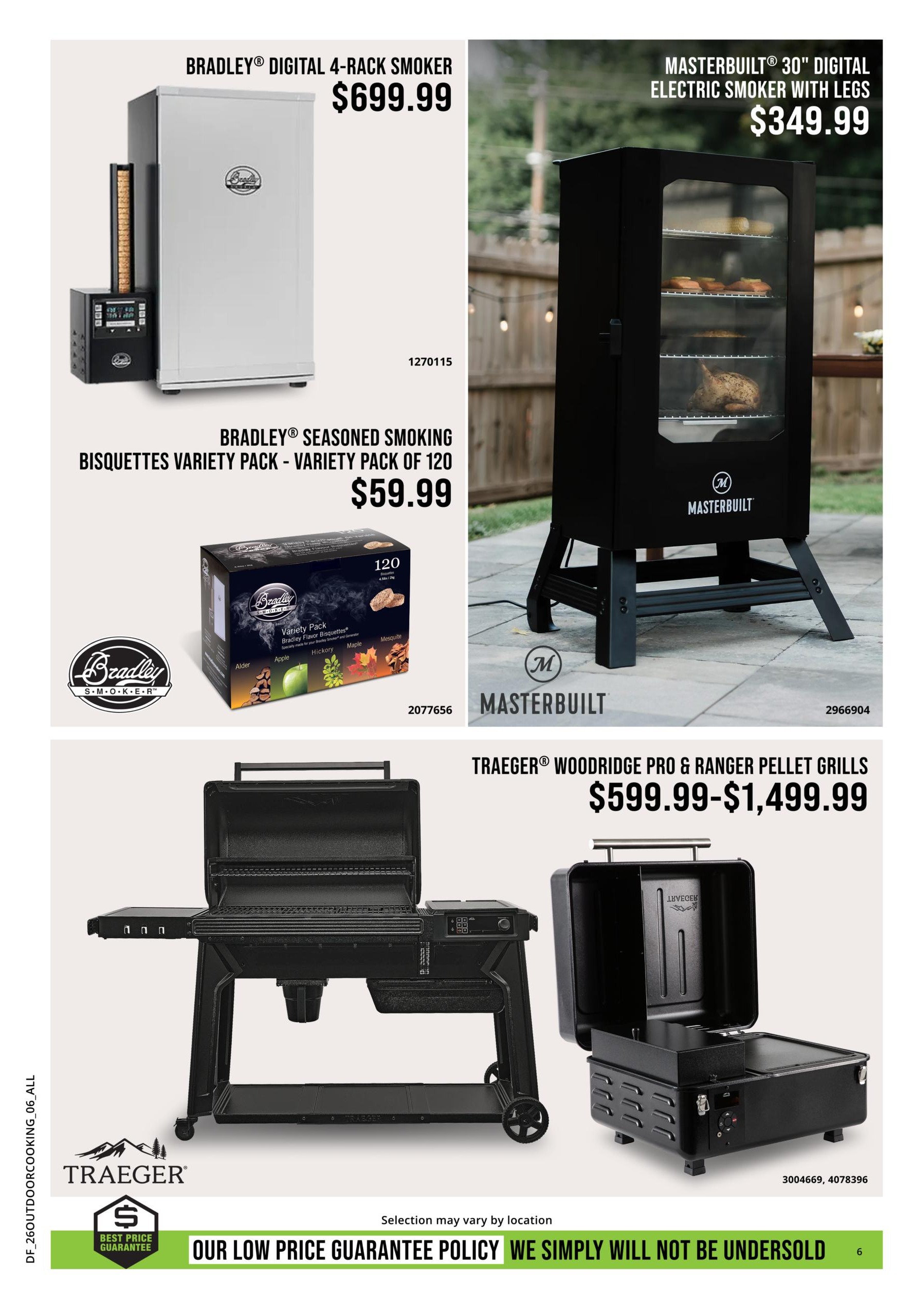 Page 6 of the Bass Pro Shops Cooking & Grilling Headquarters flyer features smokers and pellet grills. On the left, a Bradley Digital 4-Rack Smoker is priced at $699.99, and a Bradley Seasoned Smoking Bisquettes Variety Pack (120 count) is available for $59.99. To the right, a Masterbuilt 30' Digital Electric Smoker with Legs is listed at $349.99. The bottom of the page showcases Traeger Woodridge Pro & Ranger Pellet Grills with prices ranging from $599.99 to $1,499.99. A 'Best Price Guarantee' policy is also highlighted.