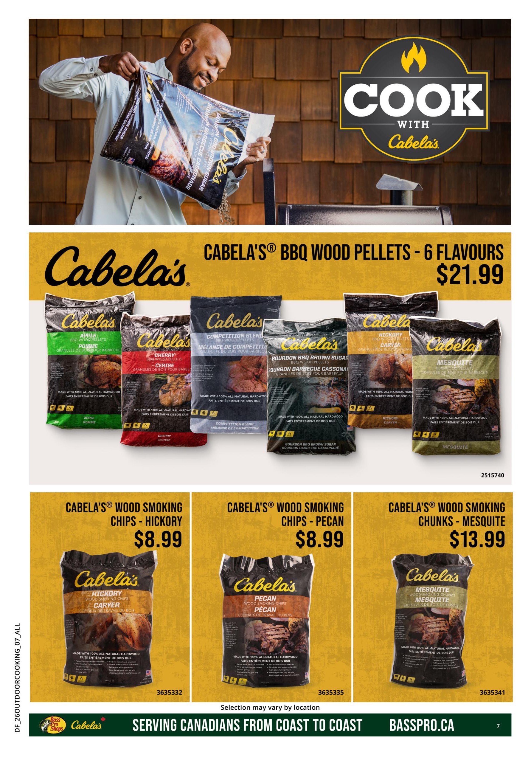 Bass Pro Shops flyer page 7 features Cabela's BBQ Wood Pellets in 6 flavours for $21.99. Available flavours include Apple, Cherry, Competition Blend, Bourbon BBQ Brown Sugar, Hickory, and Mesquite. The page also highlights Cabela's Wood Smoking Chips in Hickory for $8.99 and Pecan for $8.99. Additionally, Cabela's Wood Smoking Chunks in Mesquite are available for $13.99. The bottom of the page displays the Bass Pro Shops logo and website, basspro.ca, with the tagline 'Serving Canadians from Coast to Coast'.