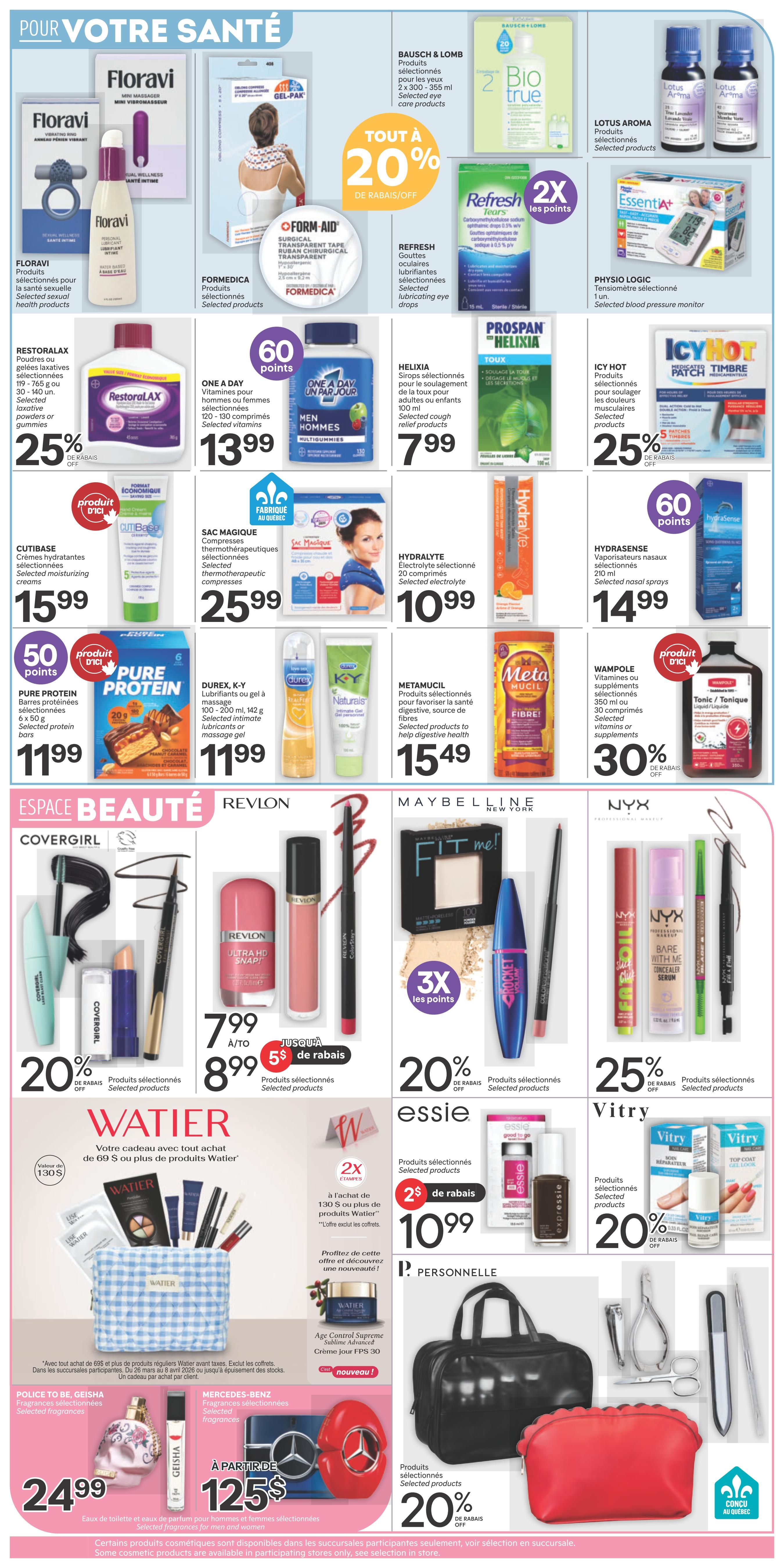 Brunet weekly flyer specials page 5 features health and beauty products. Health section includes Floravi mini massager, Formedica surgical tape, Refresh lubricating eye drops, Prospan Helixia cough syrup, Restoralax laxative powders or gummies on sale for 25% off, One A Day vitamins for $13.99, Cutibase moisturizing creams for $15.99, Sac Magique thermotherapeutic compresses for $25.99, Hydralyte electrolyte solution for $10.99, Pure Protein bars for $11.99, Durex K-Y lubricants or massage gel for $11.99, Metamucil for digestive health for $15.49, Hydrasense nasal spray for $14.99, and Wampole supplements 30% off. The beauty section showcases Covergirl makeup, Revlon products, Maybelline mascara with 3x points, NYX professional makeup, and Vitry nail care products 20% off. Also featured are Watier gift with purchase offers, Police To Be Geisha fragrance for $24.99, and Mercedes-Benz fragrances starting at $125. Personal care items include bags and grooming tools with 20% off. Some cosmetic products are available in participating stores only.