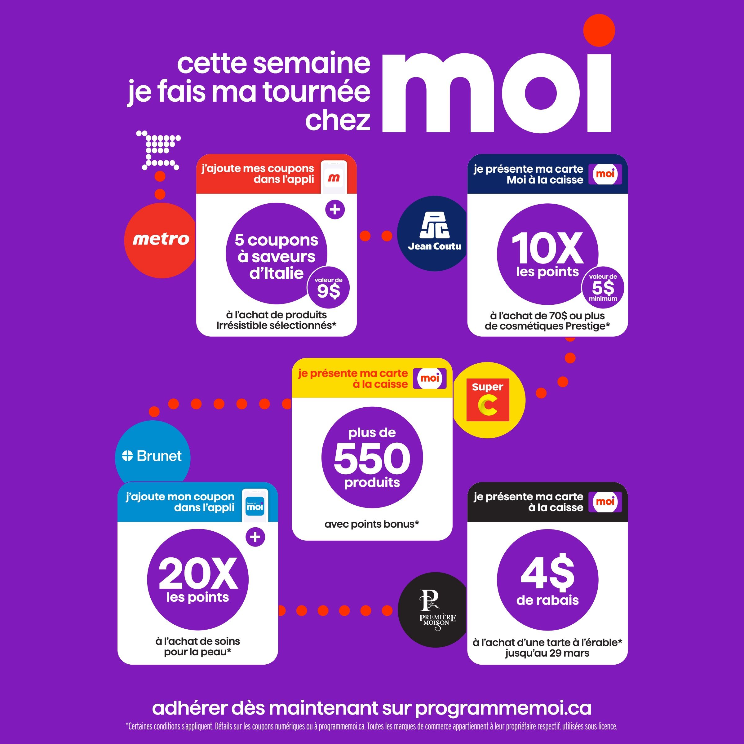 Brunet flyer page 11 showcasing Moi program offers. Get 5 coupons for Italian flavours with a minimum purchase of $9 on selected irresistible products at Metro. Jean Coutu offers 10X Moi points, equivalent to a minimum of $5, on purchases of $70 or more of Prestige cosmetics. Brunet offers 20X Moi points on skincare purchases when you add your coupon in the app. Super C offers over 550 products with bonus points. Get $4 off a purchase of a 'tarte à l'érable' (maple tart) until March 29th. Join now on programmemoi.ca. Certain conditions apply.