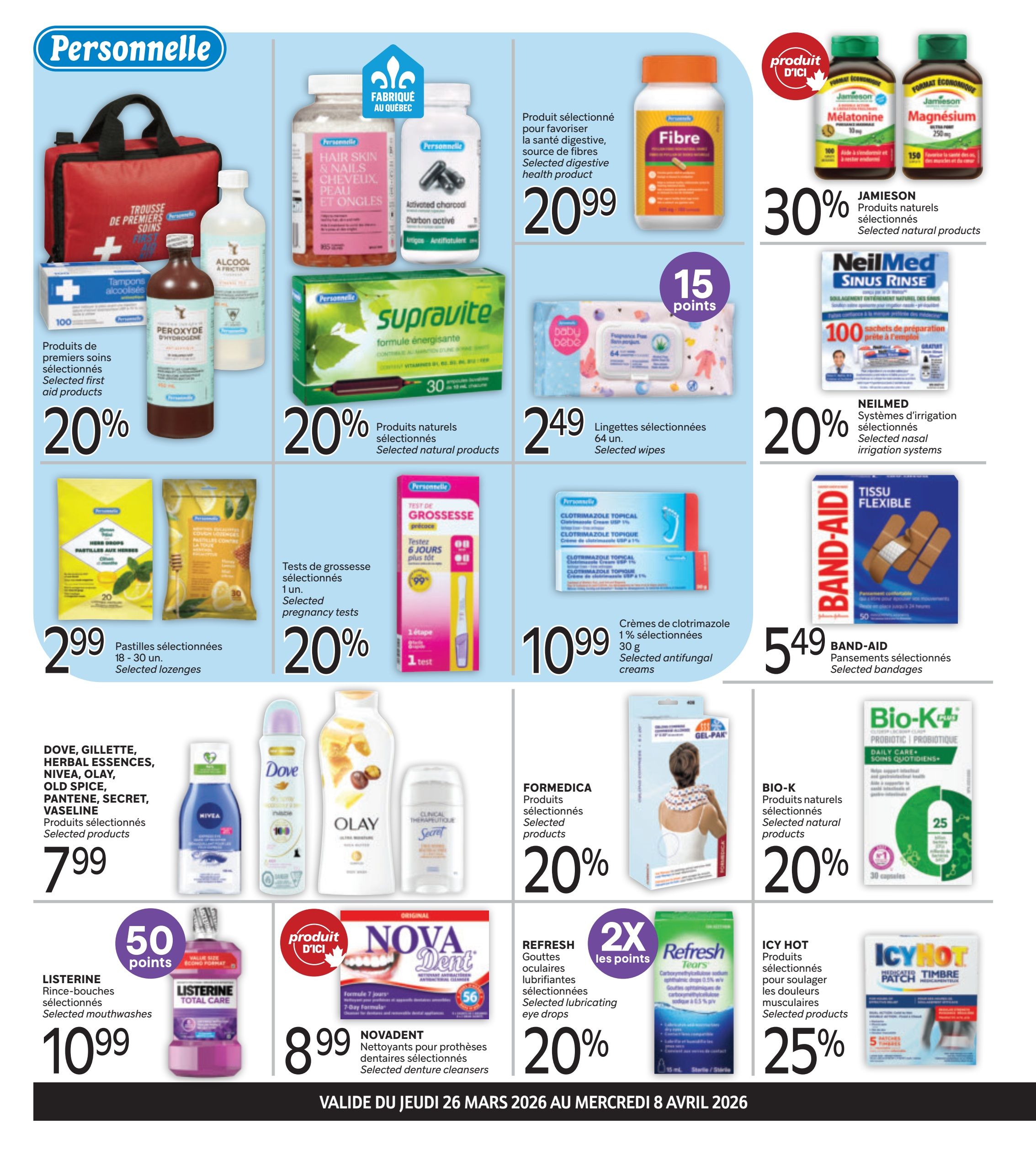 Brunet flyer page 2 features a variety of health and personal care products. Top row includes Personnelle first aid products at 20% off, Personnelle Hair Skin & Nails and Activated Charcoal at 20% off, a Fibre digestive health product for $20.99 with 15 bonus points, and Jamieson Melatonin and Magnesium products at 30% off. Also featured are Baby Bébé selected wipes for $2.49 and NeilMed Sinus Rinse systems at 20% off. The second row showcases Personnelle selected lozenges for $2.99, Personnelle selected pregnancy tests at 20% off, Personnelle Clotrimazole antifungal creams for $10.99, and Band-Aid selected bandages for $5.49. The third row highlights selected products from Dove, Gillette, Herbal Essences, Nivea, Olay, Old Spice, Pantene, Secret, and Vaseline for $7.99. Listerine selected mouthwashes are $10.99 with 50 bonus points. Novadent selected denture cleansers are $8.99. Formedica selected products are 20% off. Refresh selected lubricating eye drops are 20% off with 2X the points. Bio-K+ probiotic products are 20% off. Icy Hot selected products for muscle pain relief are 25% off.
