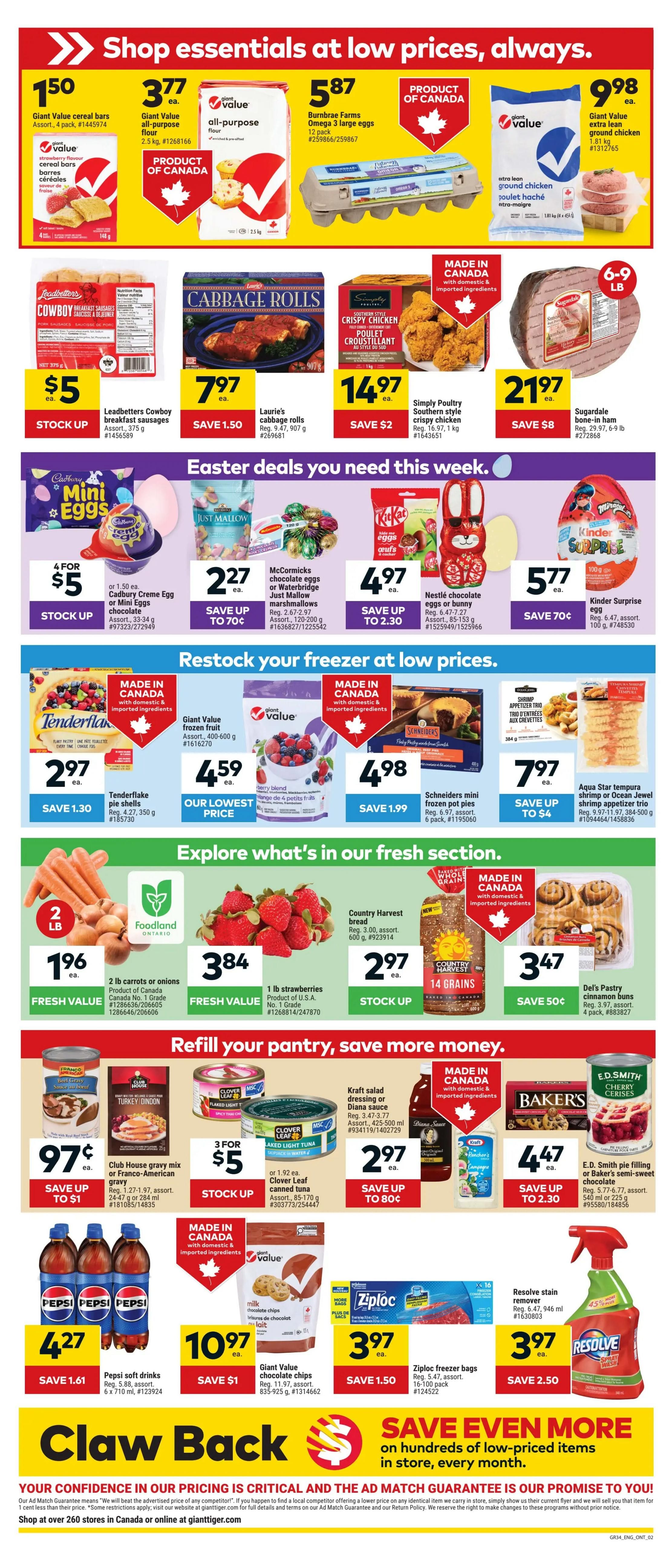 Giant Tiger weekly flyer specials page 2. Top section features 'Shop essentials at low prices, always.' including Giant Value cereal bars for $1.50, Giant Value all-purpose flour 2.5 kg for $3.77, Bumbrae Farms Omega 3 large eggs 12 pack for $5.87, and Giant Value extra lean ground chicken 1.81 kg for $9.98. Below are Leadbetters Cowboy breakfast sausages for $5, Laurie's cabbage rolls 907 g for $7.97, Simply Poultry Southern style crispy chicken 1 kg for $14.97, and Sugardale bone-in ham 6-9 lb for $21.97. The 'Easter deals you need this week' section includes Cadbury Creme Egg or Mini Eggs 4 for $5, McCormicks chocolate eggs or Mallowbridge Just Mallow marshmallows for $2.27, Nestlé chocolate eggs or bunny 85-153 g for $4.97, and Kinder Surprise egg 100 g for $5.77. 'Restock your freezer at low prices' includes Tenderflake pie shells for $2.97, Giant Value frozen fruit mango for $4.59, Schneiders mini frozen pot pies 6 pack for $4.98, and Aqua Star tempura shrimp or Ocean Jewel shrimp appetizer trio for $7.97. 'Explore what's in our fresh section' features 2 lb carrots or onions for $1.96, 1 lb strawberries for $3.84, Country Harvest bread 600 g for $2.97, and Del's Pastry cinnamon buns 4 pack for $3.47. 'Refill your pantry, save more money' includes Club House gravy mix or Franco-American gravy for $0.97, Clover Leaf canned tuna 3 for $5, Kraft salad dressing or Diana sauce 425-500 ml for $2.97, Baker's semi-sweet chocolate for $4.47, and E.D. Smith pie filling or Baker's semi-sweet chocolate for $4.47. Further down, Pepsi soft drinks 6 x 710 ml are $4.27, Giant Value chocolate chips 835-925 g for $10.97, and Ziploc freezer bags 16-100 pack for $3.97. Resolve stain remover 946 ml is $3.97. The bottom section has 'Claw Back' savings and a message about their Ad Match Guarantee.