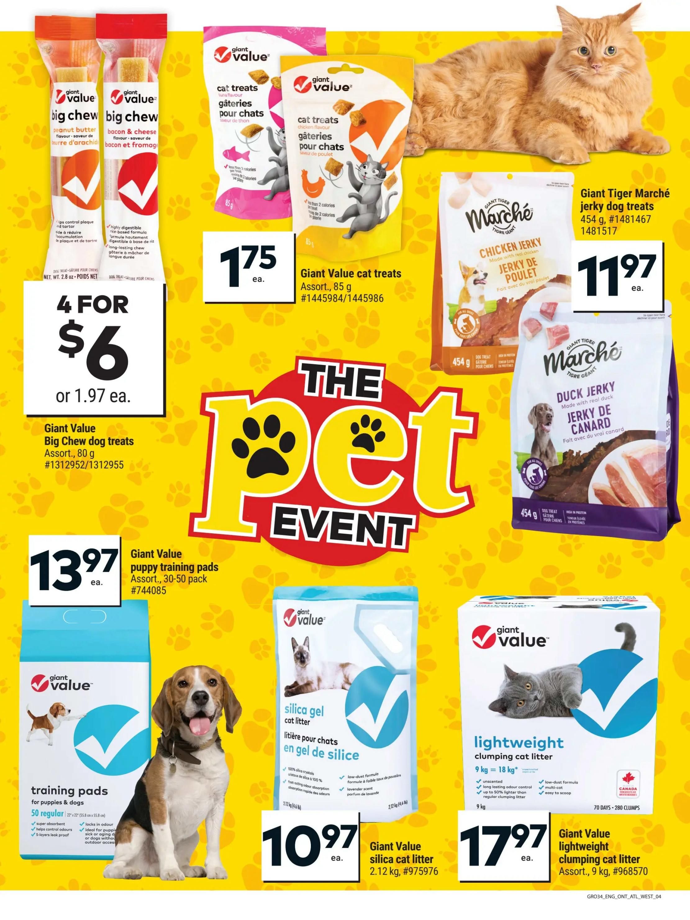 Giant Tiger weekly flyer specials page 4 features 'The Pet Event' with various pet food and supplies. Giant Value Big Chew dog treats are 4 for $6 or $1.97 each. Giant Value puppy training pads (30-50 pack) are $13.97. Giant Value cat treats are $1.75 each. Giant Tiger Marché jerky dog treats in chicken or duck flavour (454 g) are $11.97. Giant Value silica gel cat litter (2.12 kg) is $10.97. Giant Value lightweight clumping cat litter (9 kg) is $17.97.