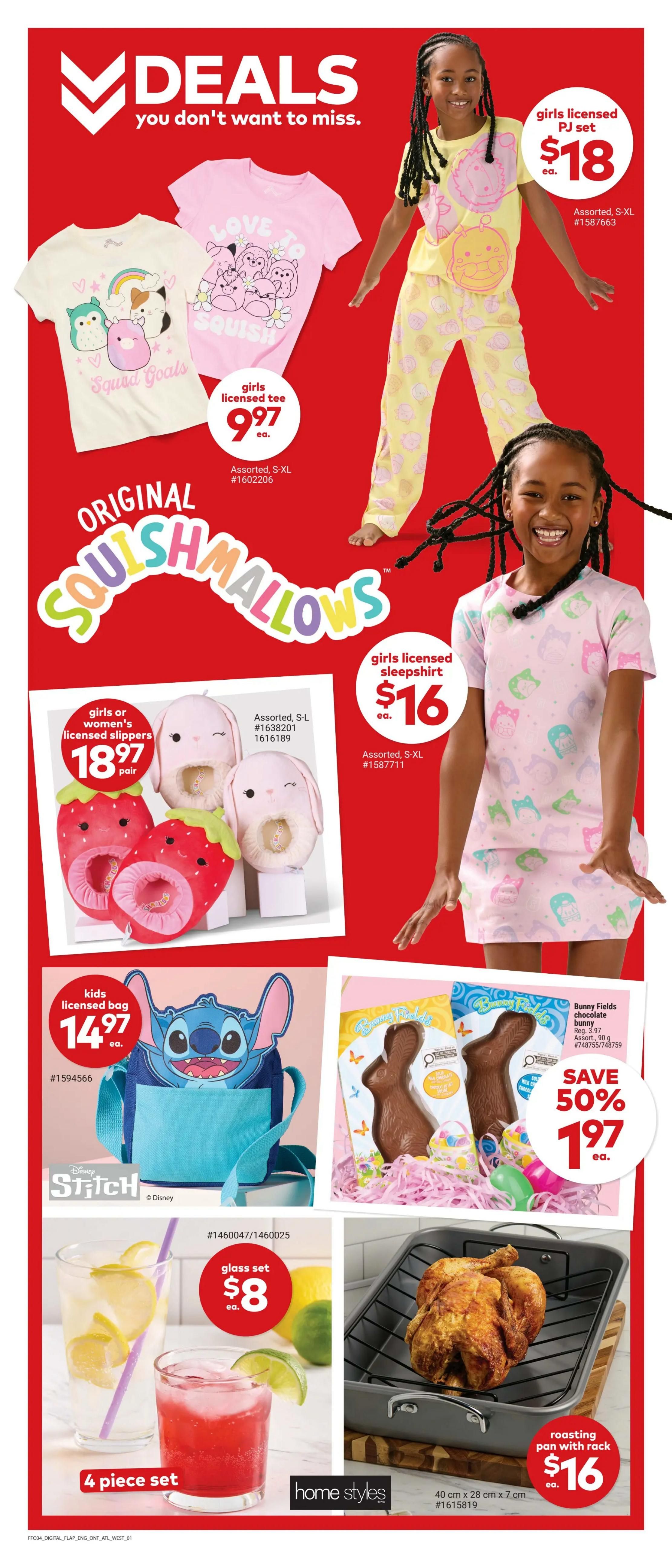 Giant Tiger weekly flyer specials page 5 features deals on girls' licensed apparel and accessories. Get girls' licensed PJ sets for $18, girls' licensed tees for $9.97, and girls' licensed sleepshirts for $16. Also available are Original Squishmallows themed slippers for girls or women at $18.97 per pair, and a kids' licensed Stitch bag for $14.97. Enjoy a 4-piece glass set for $8. For Easter, find Bunny Fields chocolate bunnies on sale for $1.97, saving 50%. A roasting pan with rack is also available for $16.