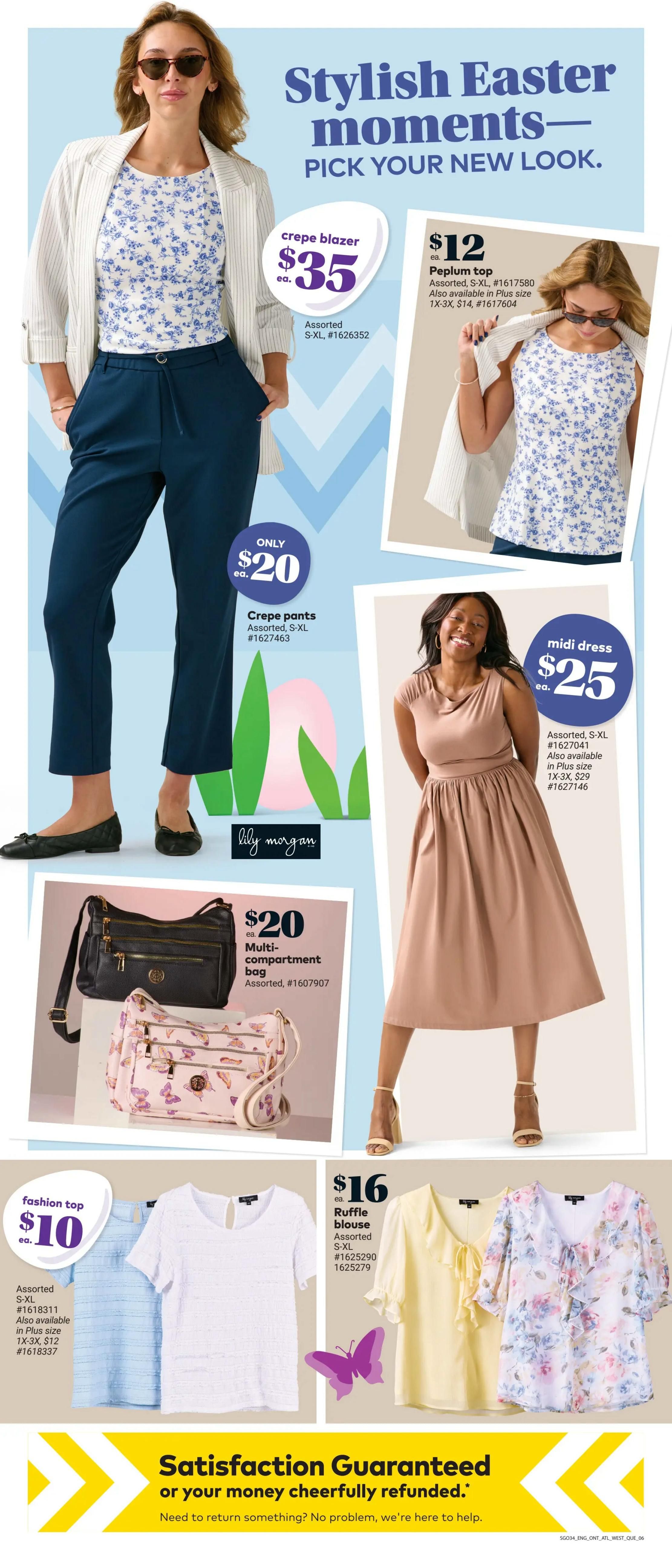 Giant Tiger weekly flyer specials page 8 features stylish Easter moments fashion. Items include a crepe blazer for $35, assorted S-XL. Peplum tops are $12 each, available in assorted S-XL and Plus size 1X-3X for $14. Crepe pants are only $20 each, assorted S-XL. A Lily Morgan multi-compartment bag is $20, assorted. A midi dress is $25 each, assorted S-XL, and also available in Plus size 1X-3X for $29. Fashion tops are $10 each, assorted S-XL, and also available in Plus size 1X-3X for $12. Ruffle blouses are $16 each, assorted S-XL. The page also highlights a satisfaction guarantee or your money cheerfully refunded.