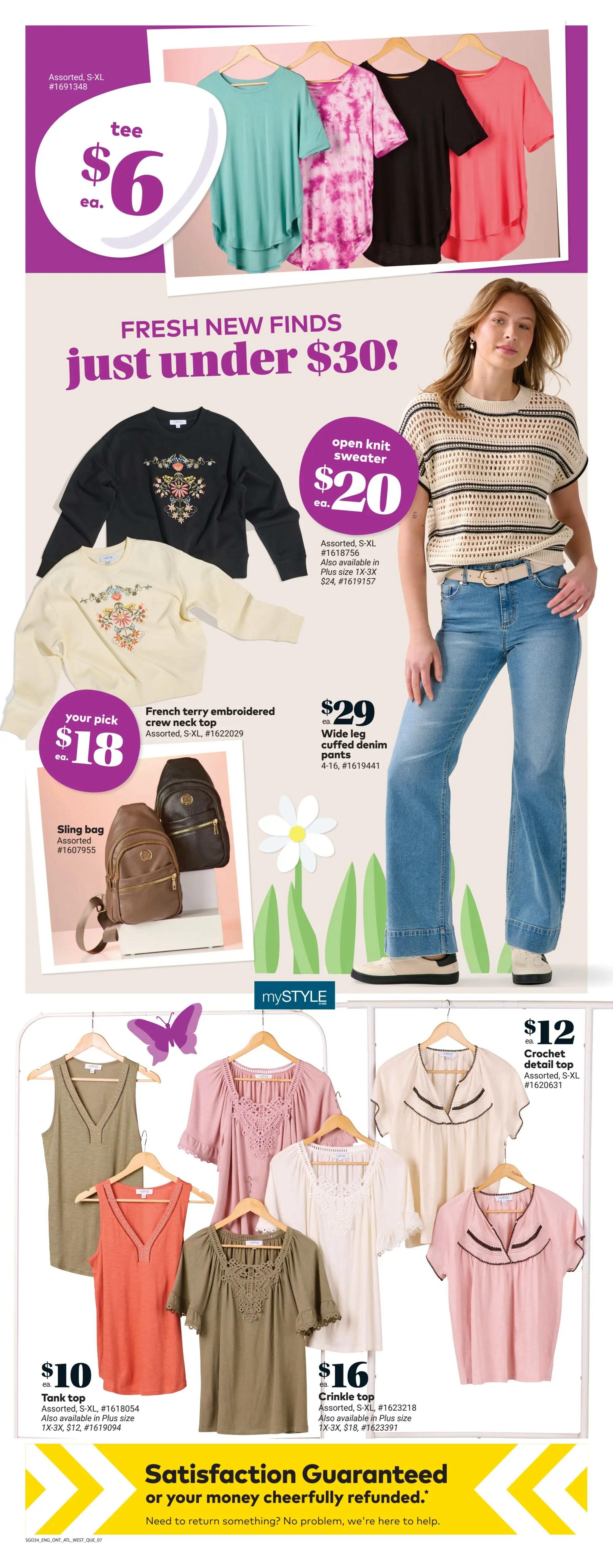 Giant Tiger weekly flyer specials page 9 featuring fresh new finds under $30. Assorted tees are $6 each. Open knit sweaters are $20 each, available in sizes S-XL and Plus size 1X-3X for $24. French terry embroidered crew neck tops are $18 each, available in sizes S-XL. Wide leg cuffed denim pants are $29 for sizes 4-16. Sling bags are available assorted. Also featured are mySTYLE tops: tank tops for $10 each, available in S-XL and Plus size 1X-3X for $12; crinkle tops for $16 each, available in S-XL and Plus size 1X-3X for $18; and crochet detail tops for $12 each, available in S-XL. The page includes a satisfaction guarantee message.