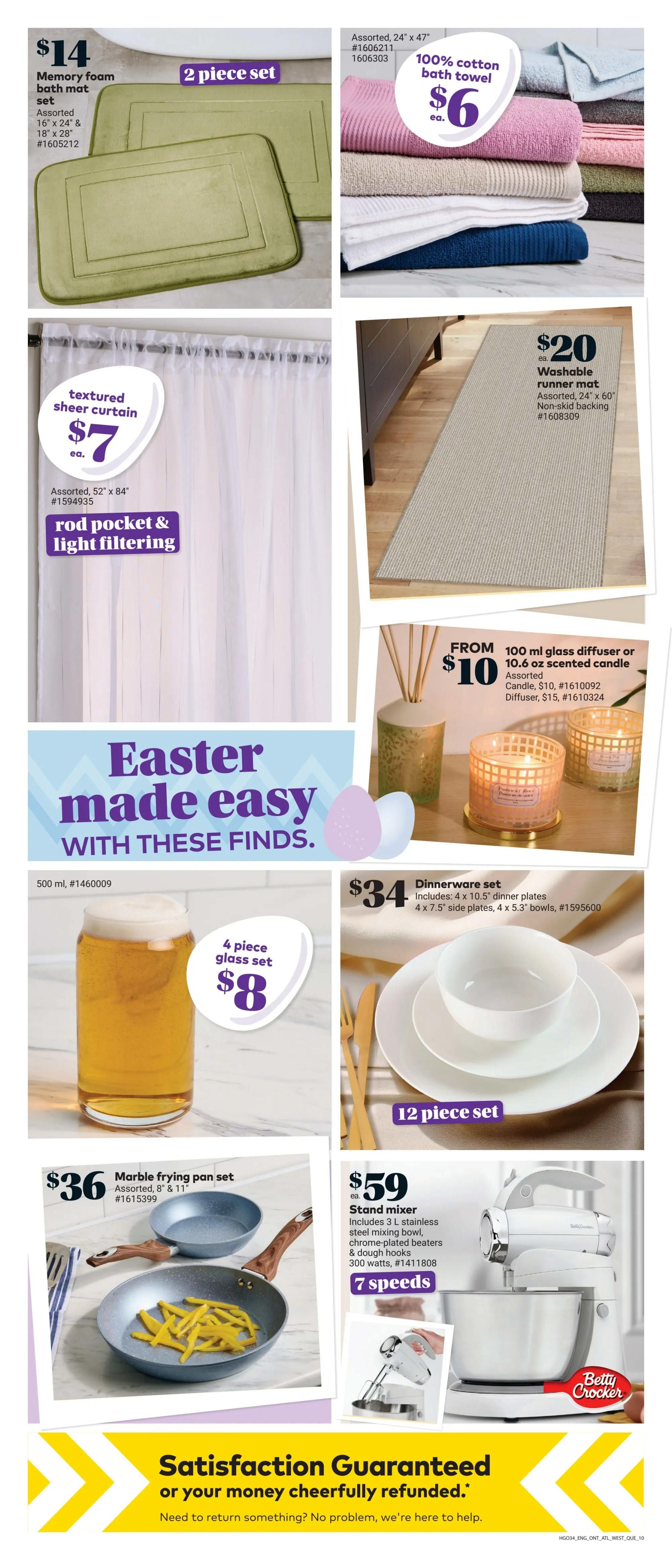 Giant Tiger weekly flyer specials page 12 features a 2-piece memory foam bath mat set for $14, assorted 100% cotton bath towels for $6 each, and a textured sheer curtain for $7. Also available are a washable runner mat for $20, a 100 ml glass diffuser or 10.6 oz scented candle for $10, a 4-piece glass set for $8, a 12-piece dinnerware set for $34, a marble frying pan set for $36, and a Betty Crocker 7-speed stand mixer for $59. The page includes a 'Satisfaction Guaranteed or your money cheerfully refunded' message.