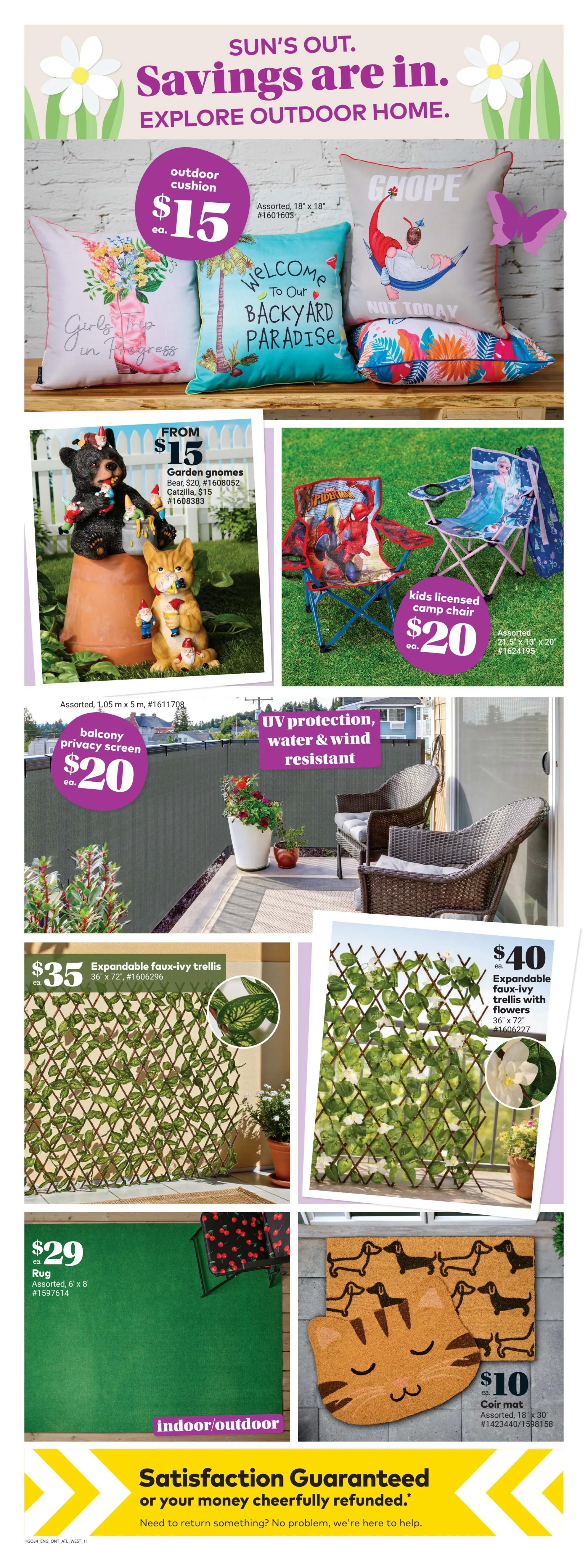 Giant Tiger weekly flyer specials page 13 features outdoor home decor. Outdoor cushions are $15 each, assorted 18' x 18'. Garden gnomes are available starting from $15, including Bear at $20 and Catzilla at $15. Kids licensed camp chairs are $20 each, assorted 21.5' x 13' x 20'. A balcony privacy screen is $20 each and offers UV protection, water, and wind resistance. Expandable faux-ivy trellises are $35 (36' x 72') and $40 (36' x 72' with flowers). An indoor/outdoor rug, assorted 6' x 8', is $29. Coir mats, assorted 18' x 30', are $10 each, featuring dog and cat designs. The page also highlights a satisfaction guarantee.