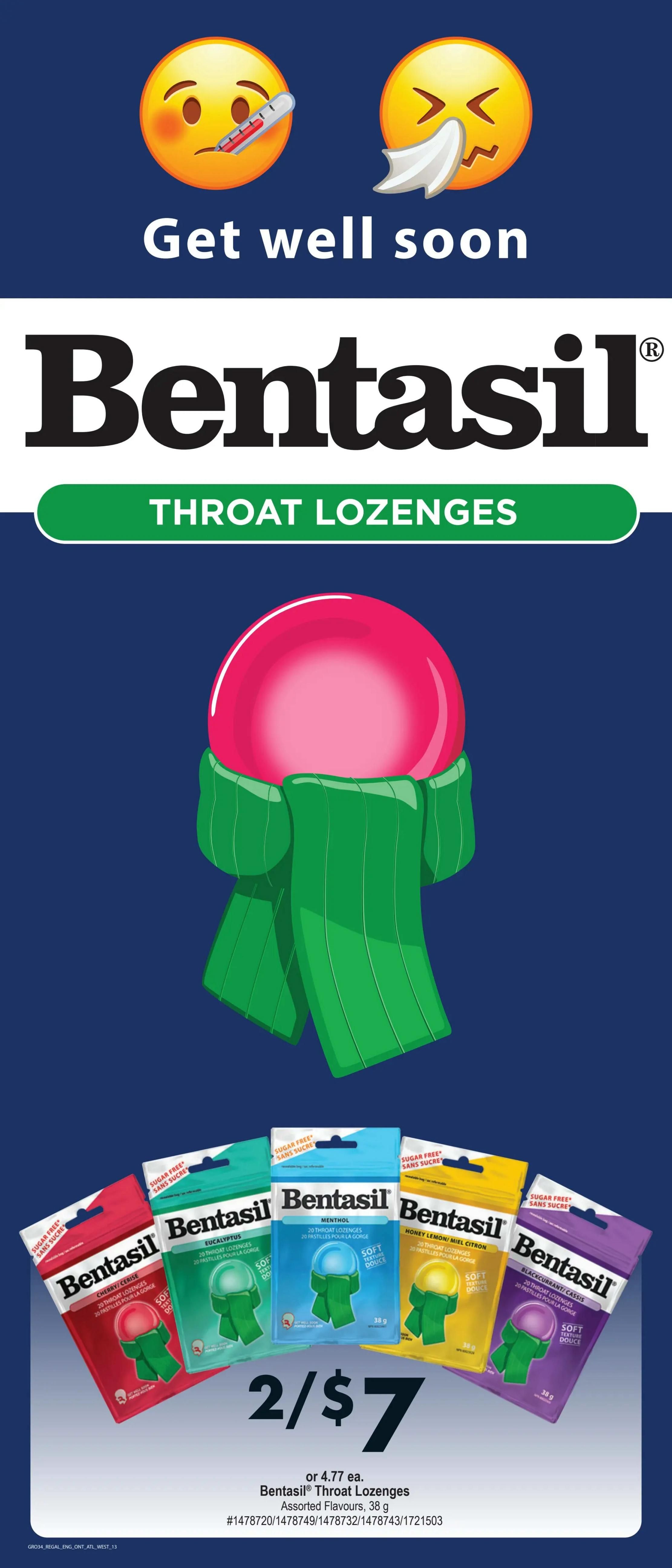 Giant Tiger flyer page featuring Bentasil Throat Lozenges. The page has a 'Get well soon' message with emojis of a sick face with a thermometer and a sneezing face. Bentasil Throat Lozenges are displayed in various flavours including Cherry, Eucalyptus, Menthol, Honey Lemon, and Blackcurrant/Cassis. The offer is 2 for $7, or $4.77 each for Bentasil Throat Lozenges, Assorted Flavours, 38 g.
