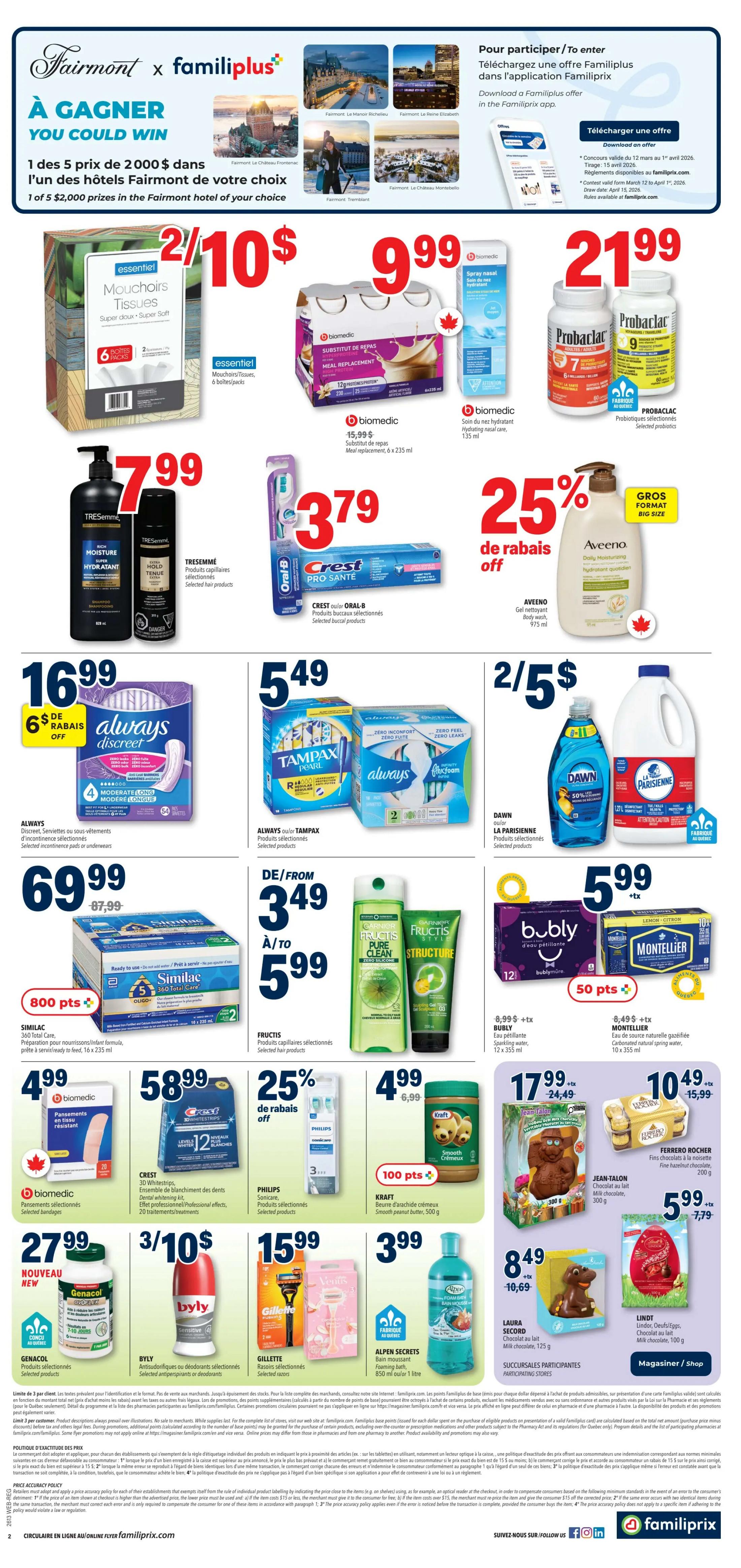Familiprix weekly flyer specials page 2. Featured deals include Essentiel Mouchoirs Tissues 6 boxes for $10, Biomedic Meal Replacement 6 x 235 ml for $9.99, and Biomedic Hydrating Nasal Care spray for $21.99. Also on sale are TRESemmé selected hair products for $7.99, Crest/Oral-B selected oral care products for $3.79, and Aveeno Daily Moisturizing body wash (big size) with 25% off. Always Discreet pads are $16.99 with $6 off. Always or Tampax selected products are 2 for $5. Fructis selected hair products are $3.49 to $5.99. Dawn dish soap and La Parisienne cleaning products are 2 for $5. Similac 360 Total Care formula is $69.99 (regularly $87.99) with 800 points. Biomedic selected bandages are $4.99. Crest 3D Whitestrips are $58.99. Philips selected oral care products are on sale with 25% off. Kraft Smooth Creamy peanut butter is $4.99 with 100 points. Gillette selected razors are $15.99. Alpeng Secrets foaming bath is $3.99. Bubly sparkling water is $8.99 + tax for 12 x 355 ml. Montellier natural spring water is $8.49 + tax for 10 x 355 ml. Jean Talon milk chocolate is $17.99. Lindt Lindor, Oreo, or Ferrero Rocher chocolates are $10.49. Also featured are Laura Secord milk chocolate for $8.49. Familiprix flyer valid March 26 to April 1.