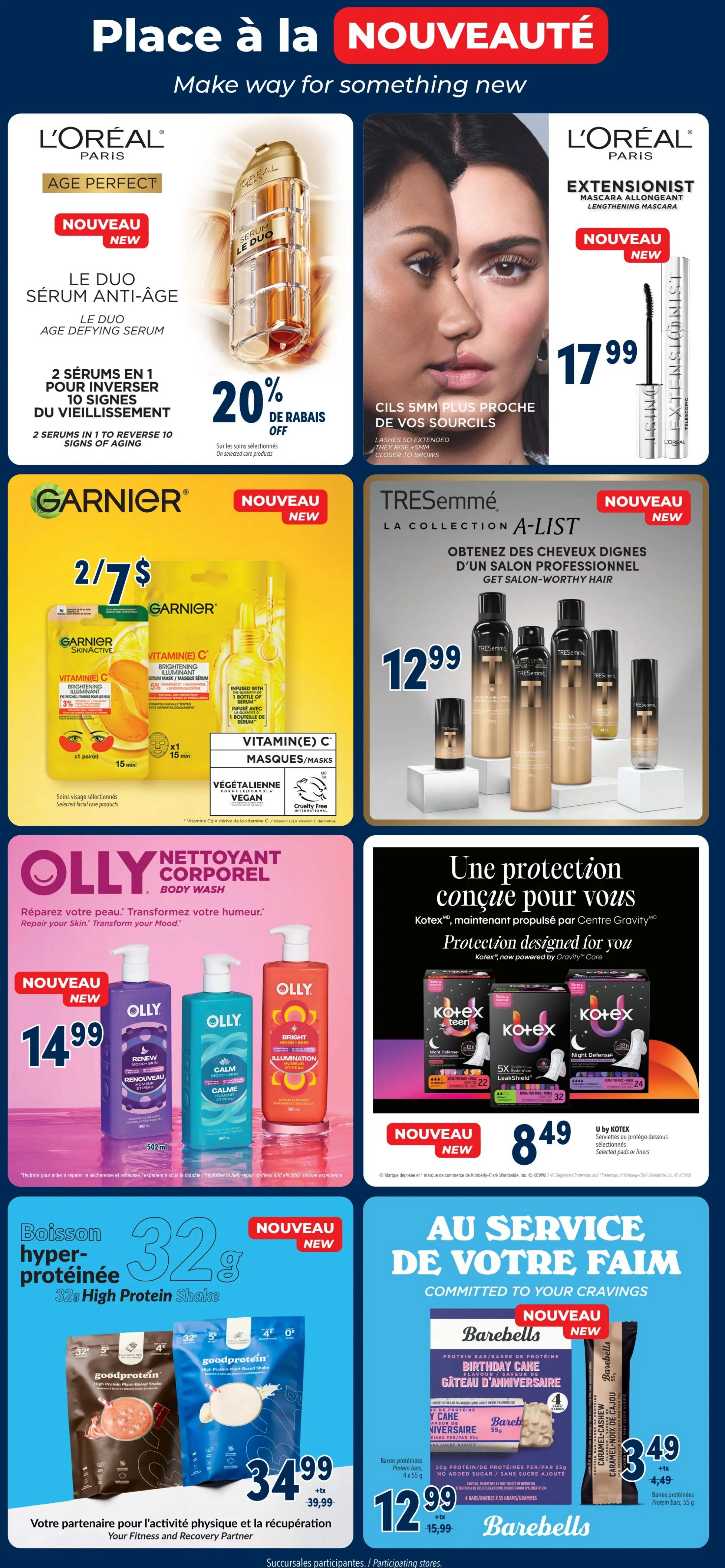 Familiprix flyer page 3 featuring new beauty and wellness products. L'Oréal Paris Age Perfect Age Defying Serum is 20% off. L'Oréal Paris Extensionist Lengthening Mascara is $17.99. Garnier Vitamin C Brightening Masks are 2 for $7. TRESemmé A-List Collection hair care products are $12.99. OLLY Body Wash in Renew, Calm, and Illumination scents are $14.99. U by Kotex Protection designed for you pads and liners are $8.49. GoodProtein High Protein Plant-Based Shakes are $34.99. Barebells Protein Bars, including Birthday Cake flavour, are 4 for $12.99, plus tax, with a regular price of $15.99. A single Barebells Caramel Cashew protein bar is $3.49, plus tax, with a regular price of $4.49.