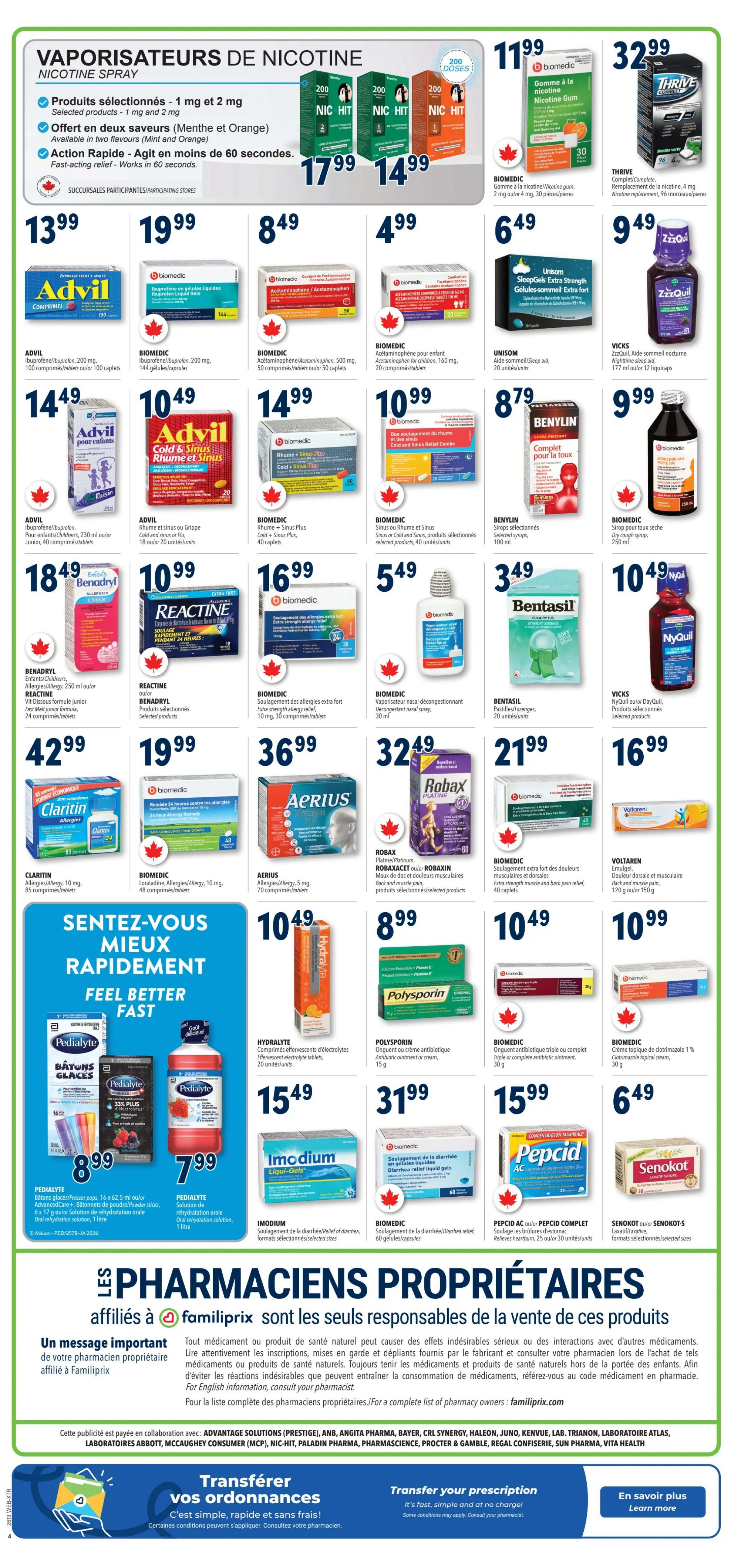 Familiprix weekly flyer specials page 4 features a wide selection of health and wellness products. Nicotine sprays are available in 1 mg and 2 mg, with selected products priced at $17.99 and $14.99. Advil products include Advil Ibuprofen/Acetaminophen 200 mg, 100 caplets for $13.99, Advil Ibuprofen 200 mg, 144 gelcaps for $19.99, Advil Acetaminophen/Acetaminophen 500 mg, 50 caplets for $8.49, and Advil Acetaminophen for children, 160 mg, 20 caplets for $4.99. Advil Junior Ibuprofen/Acetaminophen 230 ml for $14.49. Advil Cold & Sinus Rhume et Sinus, 20 units for $10.49 and 20 units for $14.99. Benadryl products include Benadryl Allergy/Children's Diphenhydramine, 250 ml for $18.49. Reactine Allergy Relief, 30 tablets for $10.99. BiomeDIC products include BiomeDIC Ibuprofen 200 mg, 144 gelcaps for $19.99, BiomeDIC Acetaminophen/Acetaminophen 500 mg, 50 caplets for $8.49, BiomeDIC Acetaminophen for children, 160 mg, 20 caplets for $4.99, BiomeDIC Rhume + Sinus Plus, 40 caplets for $10.99, BiomeDIC Sinus or Cold and Sinus, 40 caplets for $10.99, BiomeDIC Extra strength allergy relief, 30 mg, 30 tablets for $16.99, BiomeDIC Nasal decongestant spray, 30 ml for $5.49, BiomeDIC Extra strength pain relief, 40 caplets for $21.99, BiomeDIC Triple or complete antibiotic ointment, 30 g for $9.99, BiomeDIC Diarrhea relief liquid gel caps, 60 gelcaps/capsules for $31.99. Unisom Sleepgels Extra Strength, 20 units for $6.49. Vicks ZzzQuil Nighttime sleep aid, 177 ml, 12 liquidcaps for $9.49 and NyQuil Cold & Flu, 20 units for $10.49. Benylin Syrup, 100 ml for $8.79. Bentsil Pastilles/Loenges, 20 units for $3.49. Claritin Allergies, 10 mg, 63 tablets for $42.99. Aerius Allergies, 5 mg, 70 tablets for $36.99. Robax Platinum, 60 tablets for $32.49. Voltaren Pain relief, 120 g or gel, 150 g for $16.99. Hydralyte Effervescent electrolyte tablets, 20 units for $10.49. Polysporin Antibiotic ointment or cream, 15 g for $8.99. Imodium Diarrhea relief liquid gel caps, 60 gelcaps/capsules for $15.49. Pepcid AC or Pepcid Complete, 30 units for $15.99. Senokot Laxative, selected sizes for $6.49. Pedialyte electrolyte pops, 16 x 62.5 ml or AdvancedCare+, 6 x 1 litre, 33% plus, for $8.99 and Pedialyte Oral rehydration solution, 1 litre for $7.99. The bottom of the page features a message about pharmacists being responsible for the sale of these products and information on transferring prescriptions.