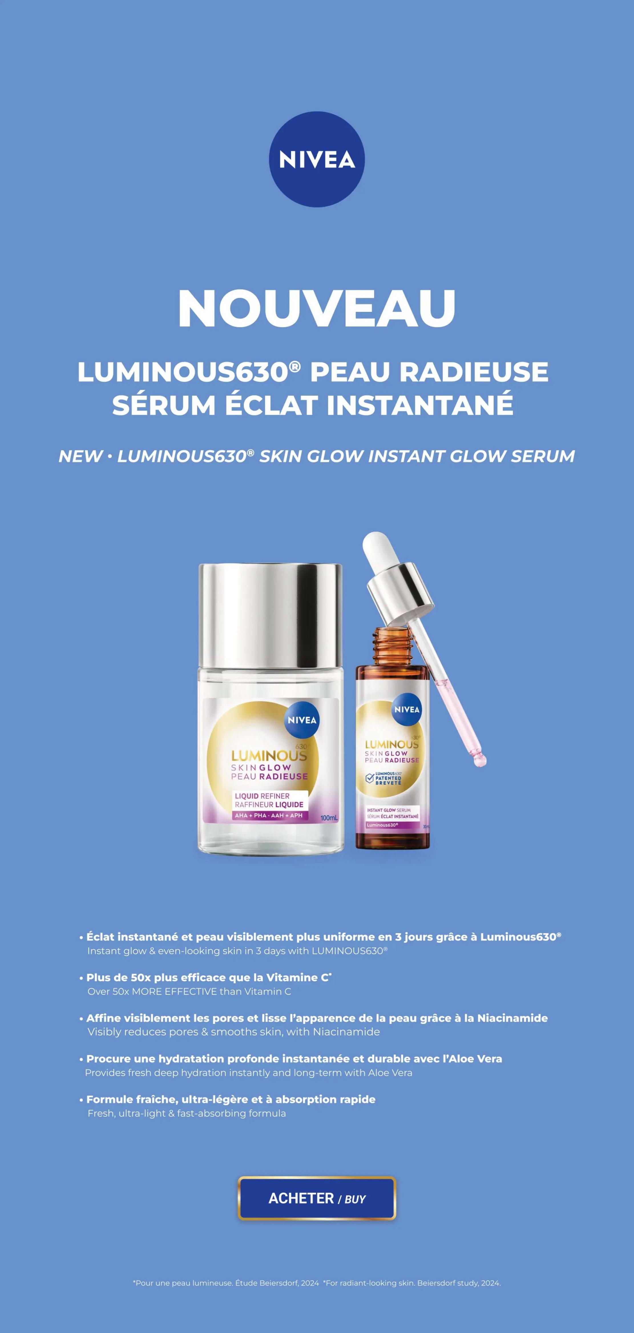 Familiprix weekly flyer specials, page 7. Features NIVEA's new Luminous630 Skin Glow Instant Glow Serum. This serum provides instant glow and even-looking skin in 3 days, is over 50x more effective than Vitamin C, visibly reduces pores and smooths skin with Niacinamide, and provides deep hydration with Aloe Vera. The formula is fresh, ultra-light, and fast-absorbing. A 'Buy' button is displayed. Small print mentions 'For radiant-looking skin, Beiersdorf study, 2024'.