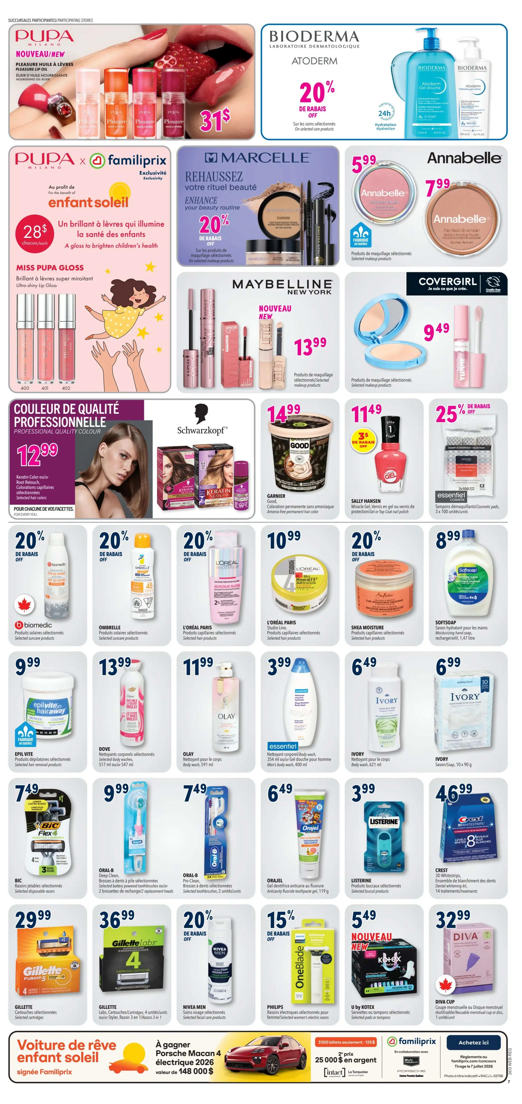 Familiprix weekly flyer specials page 8. Featured products include Pupa Milano Nouveau/New Pleasure Lip Oil for $31, Biotherm Atoderm 20% off selected skincare, Pupa x Familiprix collaboration for Enfant Soleil with a gloss to brighten children's health for $28 each, Marcelle 20% off selected makeup, Annabelle makeup items starting at $5.99, Maybelline New York makeup for $13.99, Covergirl makeup for $9.49. Also featured are Schwarzkopf Professional Quality Colour hair colour for $12.99, Garnier Good permanent hair colour for $14.99, Sally Hansen Miracle Gel nail polish for $11.49 with $3 off, and Essentiel! cosmetic pads 25% off. Additional offers include Biomedic selected suncare products for $9.99, Ombrelle selected suncare products for $13.99, L'Oréal Paris selected hair care products for $11.99, L'Oréal Paris Studio Line hair products for $10.99, Shea Moisture selected hair care products for $20% off, and Softsoap hand soap for $8.99. Body care items include Epil VITE selected hair removal products for $9.99, Dove selected body washes for $9.99, Olay body wash for $11.99, essentiel! men's body wash for $3.99, Ivory body wash for $6.49, and Ivory soap for $6.99. Oral care and personal hygiene products include BIC Flex disposable razors for $7.49, Oral-B selected toothbrushes for $9.99, Oraljel anticavity fluoride toothpaste for $7.49, Listerine selected mouthwash products for $3.99, and Crest 3D Whitestrips for $4.69. Other featured items are Nivea Men selected facial care products 20% off, Philips OneBlade electric razors 15% off, U by Kotex selected pads or tampons for $5.49, and Diva Cup reusable menstrual cup for $32.99. The flyer also promotes a chance to win a 2026 electric Porsche Macan valued at $148,000 with 3500 tickets at $25,000 each.