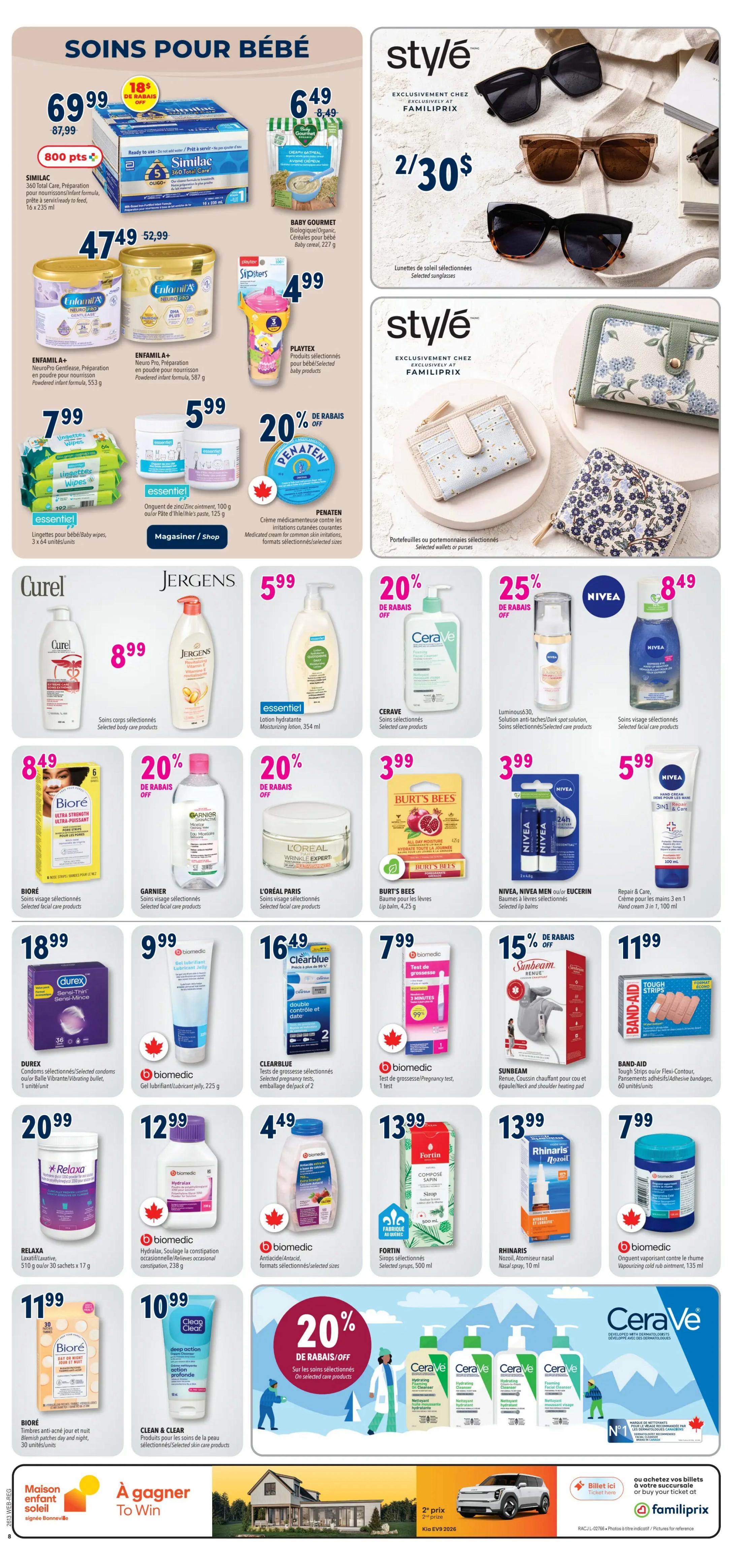 Familiprix weekly flyer specials page 9 features a wide range of baby care products and personal care items. Top section highlights Similac 18+ months formula for $69.99 with 800 bonus points, and Baby Gourmet Organic Cereal for $6.49. Enfamil A+ Gentlease and Enfamil A+ Neuro Pro formulas are available for $47.49 and $52.99 respectively. Playtex selected baby products are $4.99. Penaten medicated cream for skin irritations is on sale with 20% off. The 'Style' section showcases selected sunglasses for 2 for $30 and selected wallets or purses. Mid-section includes Curel for $8.99, Jergens moisturizing lotion for $5.99, and Cerave selected skincare products. Biore facial products are $8.49 with 20% off, Garnier selected facial products with 20% off, L'Oreal Paris selected facial products, and Burt's Bees lip balm for $3.99. Nivea Men selected lip balms are 2 for $3.99, and Nivea hand cream is $5.99. Durex condoms are $18.99. BiOmedic gel lubricant/lubricant jelly is $9.99. Clearblue pregnancy tests are $16.49 for a pack of 2. Sunbeam warming cushion for neck and shoulder is 15% off. Band-Aid tough strips are $11.99. Relaxa effervescent tablets are $20.99. BiOmedic Hydralax for constipation is $12.99. Fortin syrup is $13.99. Rhinaris nasal spray is $13.99. BiOmedic vapourising cold rub ointment is $7.99. Biore anti-acne products are $11.99. Clean & Clear selected skincare products. Finally, a large promotion offers 20% off selected skincare products from Cerave.
