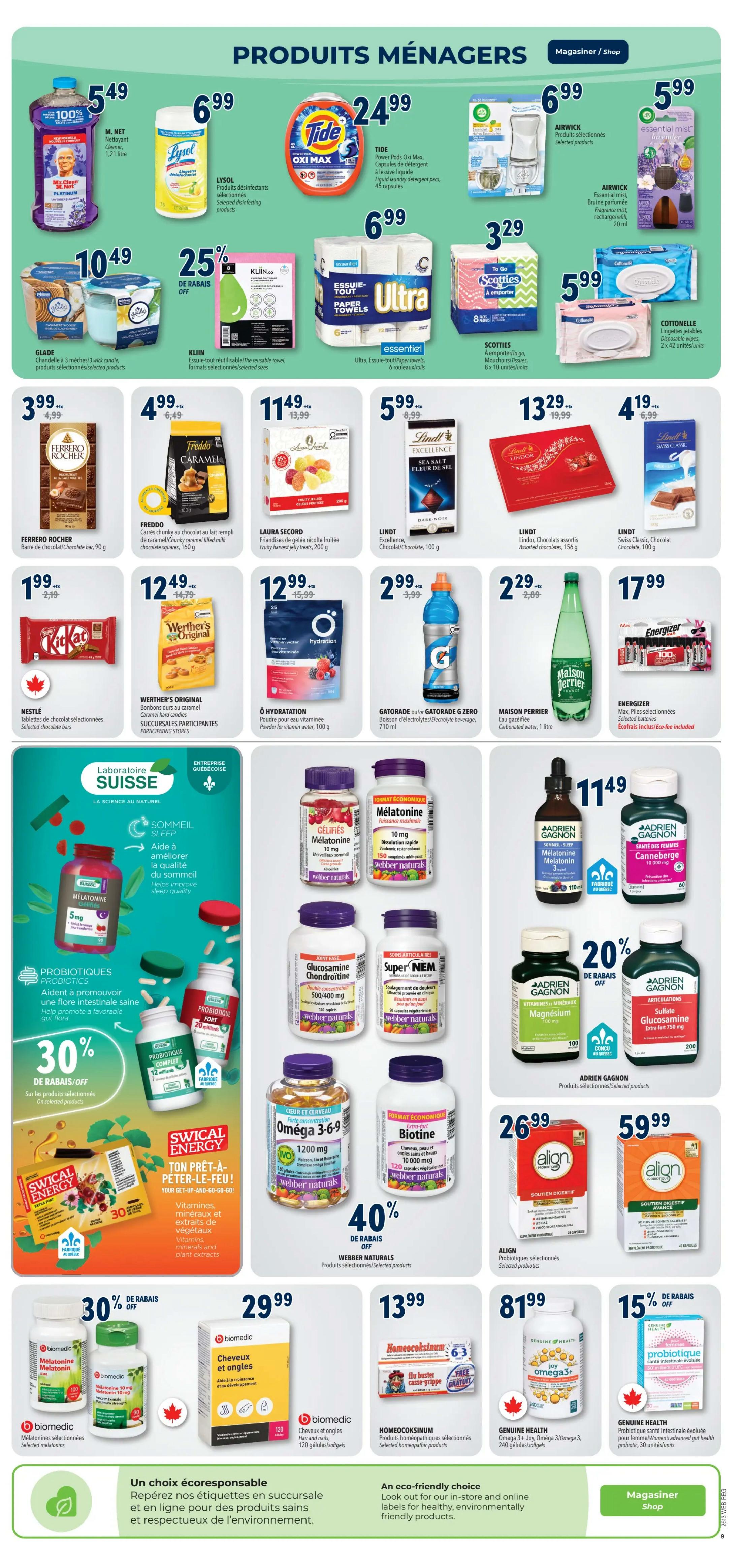 Familiprix weekly flyer specials page 11 features household and health products. Household items include M. Net cleaner for $5.49, Lysol disinfecting products for $6.99, Tide Oxi Max Power Pods for $24.99, Airwick air fresheners for $6.99, and Essential Mist refills for $5.99. Glade candles are $10.49, and Kleen reusable paper towels are 25% off. Scotties paper towels are $3.29, and Cottonelle flushable wipes are $5.99. Food items include Ferrero Rocher chocolate bars for $3.99, Freddo caramel chocolate squares for $4.99, Laura Secord fruity jelly treats for $11.49, and Lindt Excellence chocolate bars for $5.99 and $13.29. Nestlé Kit Kat bars are $1.99, Werther's Original caramel candies are $12.49, O Hydration vitamin powder is $12.99, Gatorade or G Zero drinks are $2.99, and Maison Perrier carbonated water is $2.29. Energizer Max batteries are $17.99. Health products include Swiss Nature melatonin for $5.49, Probiotiques Probiotic Fort for $20, and Swical Energy vitamins and plant extracts for $30. Webber Naturals melatonin is $11.49, joint care supplements are $11.49, and Omega 3-6-9 is $11.49. Biotics melatonin is 30% off, and hair and nail supplements are $29.99. Homeocoksinum homeopathic products are $13.99. Genuine Health Joy Omega 3 is $81.99. Genuine Health probiotic is 15% off. Align digestive support probiotics are $26.99 and $59.99. The page also highlights eco-friendly choices and an invitation to shop in-store and online.