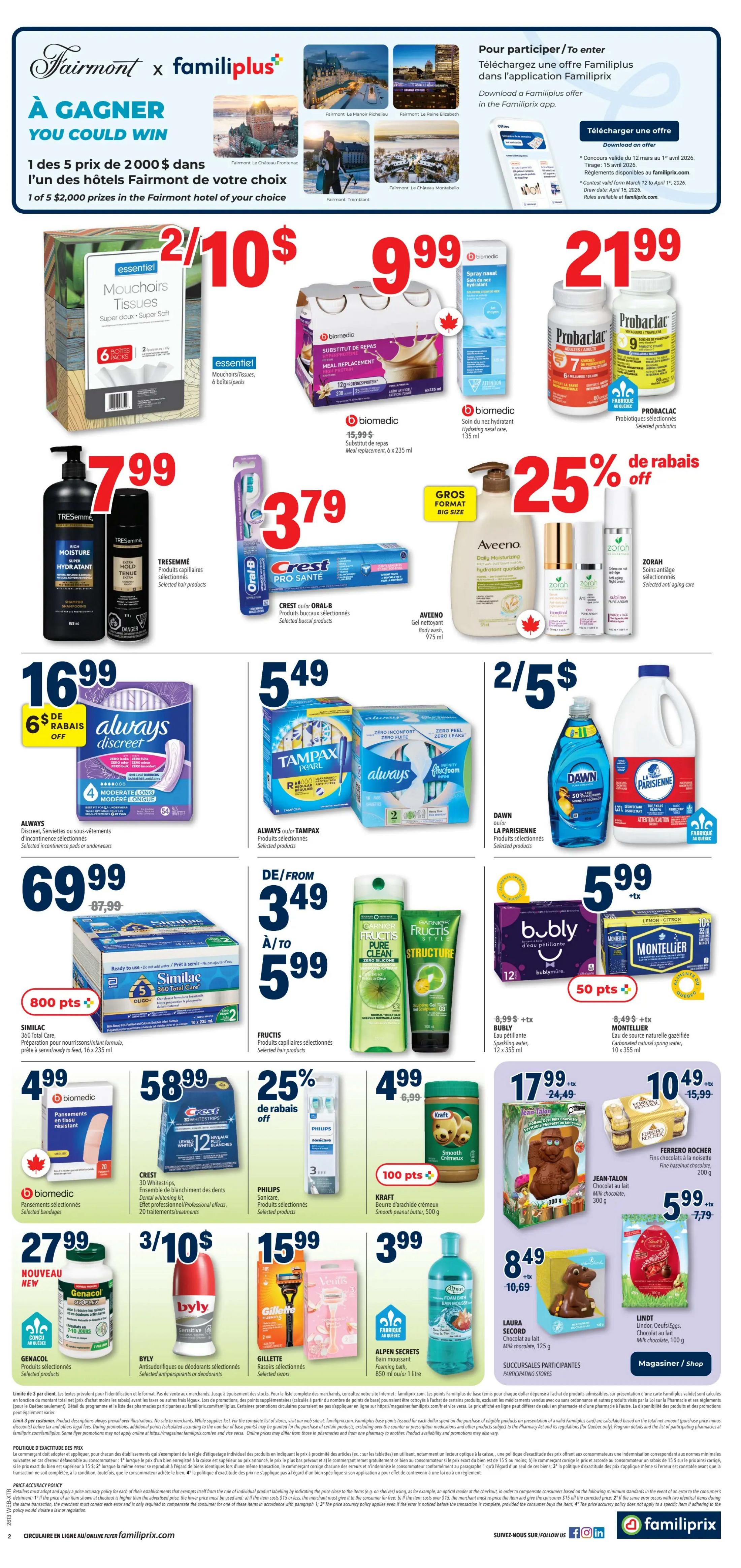 Familiprix flyer page 2 features a wide variety of products on sale. Top deals include Essentiel Tissues 6 boxes for $10, Biomedic Meal Replacement 6 x 235 ml for $9.99, and Probarclac selected probiotics for $21.99. Other offers include TRESemmé hair products for $7.99, Crest Oral B toothpaste and toothbrushes for $3.79, and Aveeno body wash with 25% off. Always Discreet pads are $16.99 with $6 off, and Always or Tampax products are 2 for $5.49. Fructis hair products range from $3.49 to $5.99. Dawn dish soap and La Parisienne bleach are 2 for $5. Similac 360 Total Care formula is $69.99 with 800 points. Biomedic bandages are $27.99. Crest 3D Whitestrips are $58.99 with 25% off. Philips toothbrushes are on sale. Kraft Smooth Peanut Butter is $4.99 with 100 points. Jean Talon milk chocolate is $17.99. Ferrero Rocher fine hazelnut chocolates are $10.49. Gillette razors are $15.99. Byly antiperspirants are 3 for $10. Alpen Secrets foaming bath is $3.99. Laura Secord milk chocolate is $8.49. Lindt Easter eggs are $5.99.