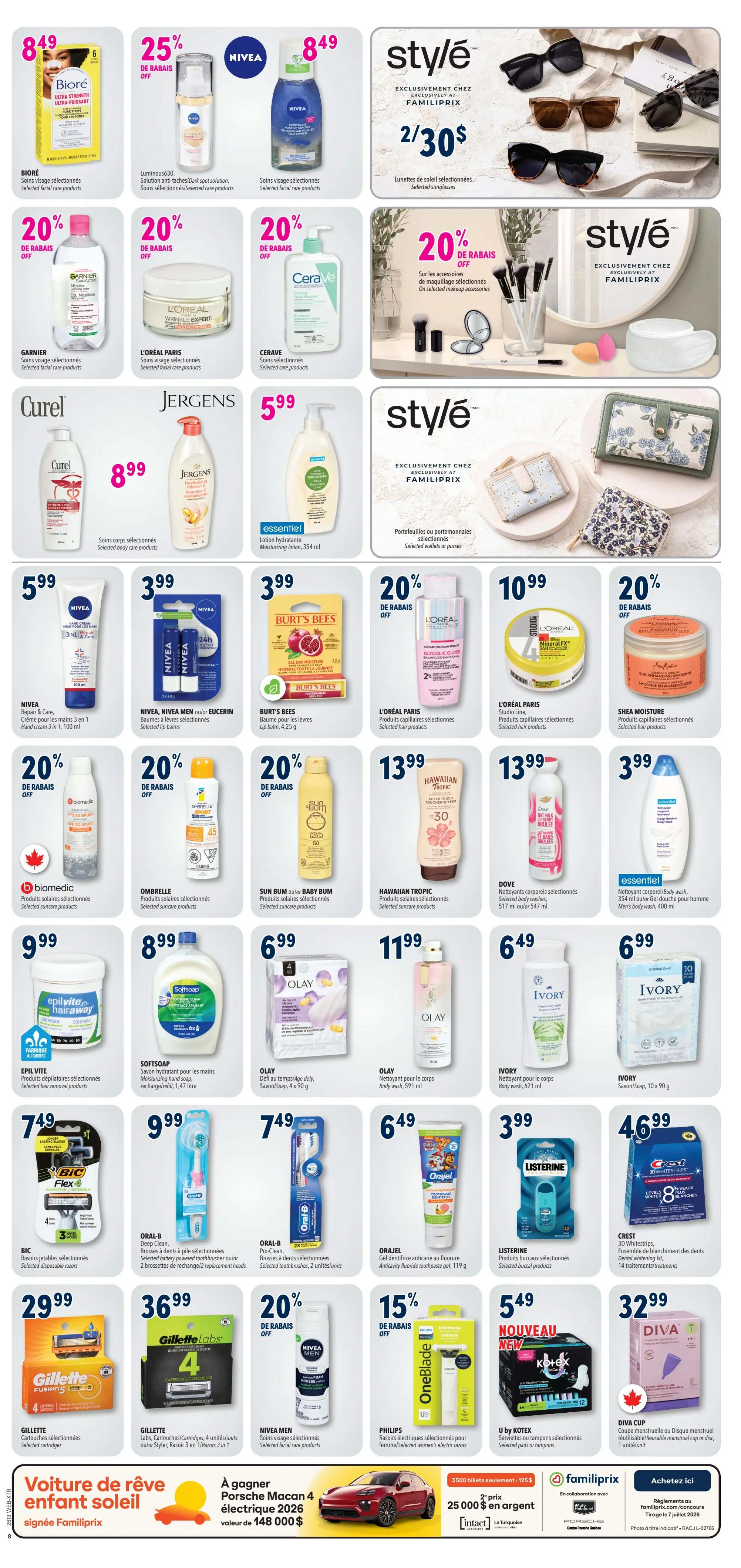 Familiprix flyer page 9 featuring a wide selection of health and beauty products. Offers include Bioré Ultra Strength Exfoliating Scrub for $8.49, Nivea selected facial care products with 25% off, and Style sunglasses for 2 for $30. Also featured are Garnier selected facial care products at 20% off, L'Oréal Paris selected facial care products at 20% off, and CeraVe selected facial care products at 20% off. Style makeup accessories are on sale with 20% off. Curél selected body care products are $8.99, Jergens selected body care products are $5.99, and Essentiel moisturizing lotion is $5.99. Style selected wallets or purses are also available. Burt's Bees lip balm is $3.99. L'Oréal Paris selected hair products are $10.99. Shea Moisture selected hair products are $20% off. Biomec selected skincare products are 20% off. Ombrelle selected suncare products are 20% off. Sun Bum/Baby Bum selected suncare products are 20% off. Hawaiian Tropic selected suncare products are $13.99. Dove selected body washes are $13.99. Epil Vite selected hair removal products are $9.99. Softsoap hand soap is $8.99. Olay selected soap and body wash are $6.99 and $11.99 respectively. Ivory selected soap and body wash are $6.49. Oral-B selected toothbrushes are $7.49. Orajel anti-cavity fluoride toothpaste is $7.49. Listerine selected oral care products are $3.99. Crest 3D White Whitestrips are $4.69. Gillette selected cartridges are $29.99. Gillette Labs cartridges are $36.99. Nivea Men selected facial care products are 20% off. Philips selected electric razors are 15% off. U by Kotex selected pads or tampons are $5.49. Diva Cup is $32.99. The bottom of the page features a contest to win a Porsche Macan 4 electric vehicle valued at $148,000.