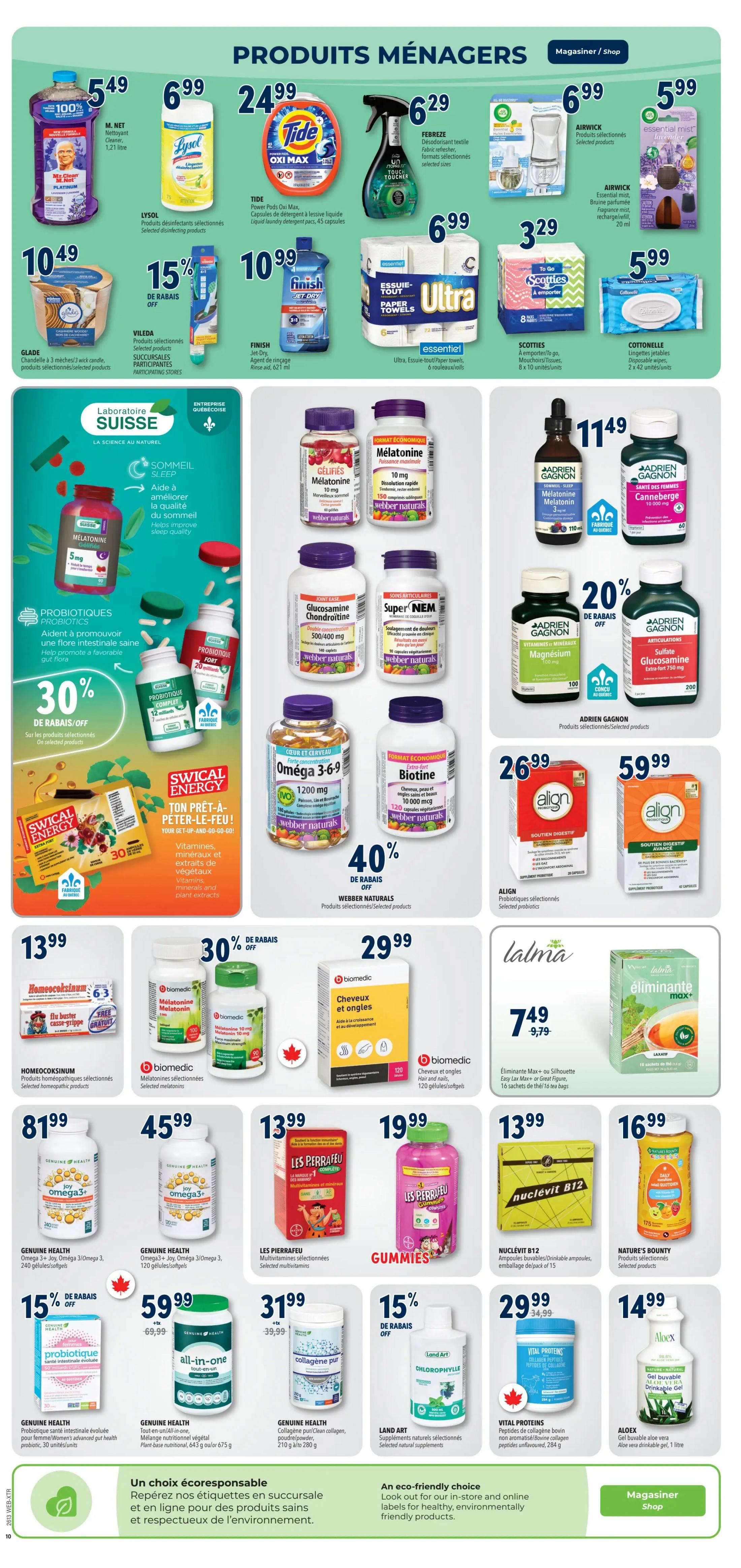 Familiprix Extra flyer, page 12. Household products include M. Net All Purpose Cleaner for $5.49, Lysol disinfecting products for $6.99, Tide Oxi Max liquid laundry detergent pods for $24.99, Febreze textile refresher for $6.29, and Air Wick scented products for $5.99. Also featured are Glade scented candles for $10.49, Vileda cleaning products with 15% off, Finish Jet Dry dishwasher rinse aid for $10.99, and Ultra paper towels for $6.99. Health and wellness products include Webber Naturals Melatonin 10 mg for $11.49, Adrien Gagnon Cranberry 10,000 mg for $11.49, Webber Naturals Glucosamine Chondroitin for $11.49, Adrien Gagnon Magnesium for $11.49 with 20% off, and Adrien Gagnon Sulfate Glucosamine for $11.49. Sleep aids include Sommeil Sleep Melatonin 5 mg and Probiotiques Probiotics with 30% off. Swical Energy products are also available. Other health items include Oméga 3-6-9 for $4.99, Biotine for $4.99, Homeocoksinum for $13.99, Biomedic Melatonin for $29.99, Biomedic Hair and Nails for $29.99, Genuine Health Joy Omega 3+ for $81.99, Genuine Health Omega 3/Omega 3 for $45.99, Les Pierrafeu multivitamins for $13.99, Gummies for $19.99, Genuine Health Probiotique santé intestinale for $59.99 with 15% off, Genuine Health Collagène pur/Clean collagen powder for $31.99, Land Art Chlorophylle for $15% off, Vital Proteins peptides for $29.99, and Aloex drinkable gel for $14.99. The page also highlights an eco-responsible choice and an eco-friendly choice.