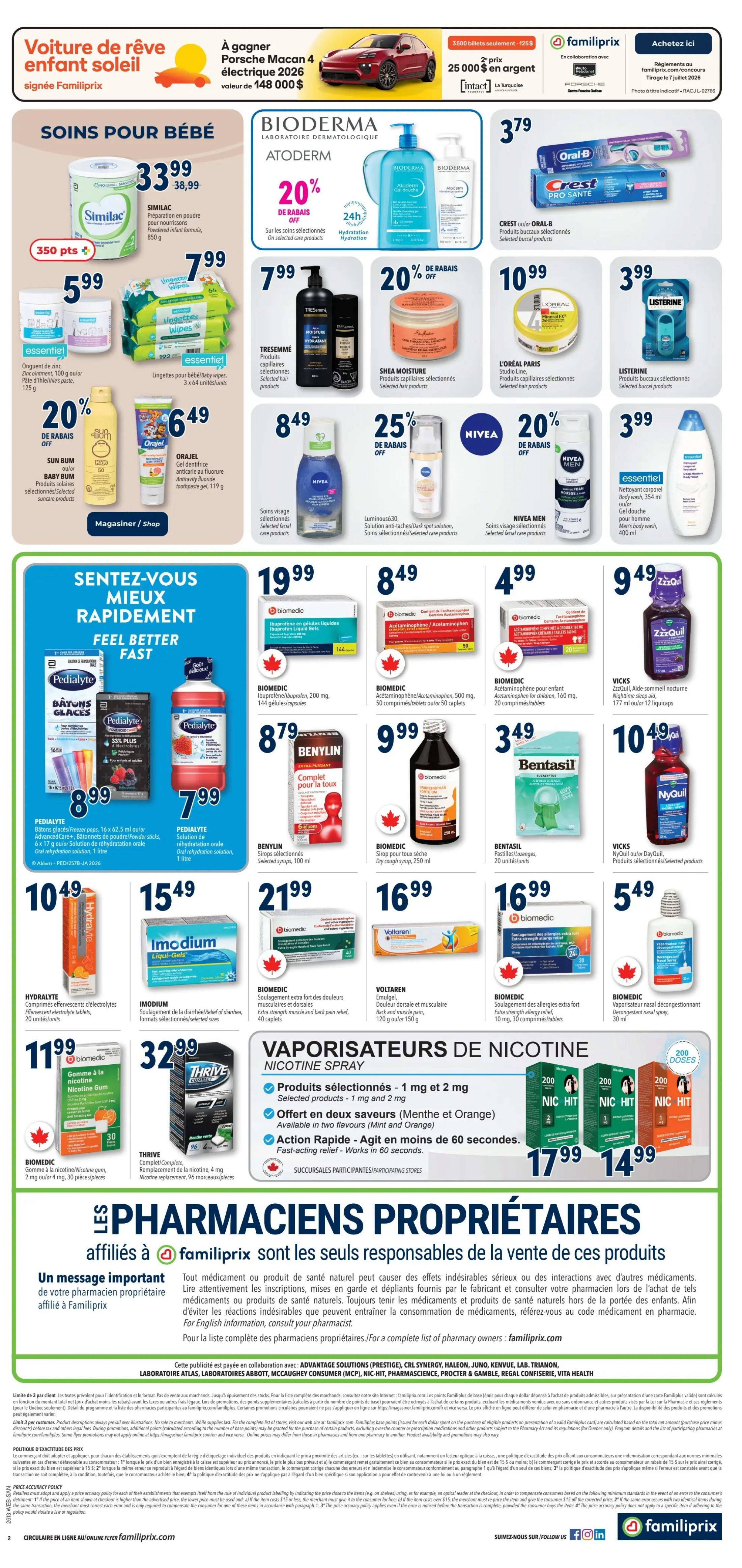 Familiprix flyer page 2 features baby care, skincare, and pain relief products. Save on Similac powder formula for $33.99, Unipettes wipes for $7.99, and Sun Bum baby products with 20% off. Bioderma Atoderm skincare is 20% off. Oral-B Crest Pro-Sante toothpaste is $3.79. TRESemmé and Shea Moisture hair products are 20% off. L'Oreal Paris Studio Line hair products and Listerine mouthwash are also featured. Nivea facial care products are 25% off. For pain and cold relief, find PediaLyte advanced care electrolyte drinks for $8.99, PediaLyte oral rehydration solution for $7.99, Biomic Ibuprofen liquid gels for $19.99, Biomic Acetaminophen/Acetaminophen for $8.49, Biomic Acetaminophen for children for $4.99, and NyQuil or DayQuil products for $10.49. Benylin cough syrups are $8.79, and Bentasil lozenges are $3.49. Imodium liquid-gels for diarrhea relief are $15.49. Voltaren Emulgel for muscle pain is $21.99. Biomic extra strength allergy relief is $16.99. Nicotine spray products are available for $17.99 and $14.99. The flyer also highlights 'Les Pharmaciens Propriétaires' affiliated with Familiprix.