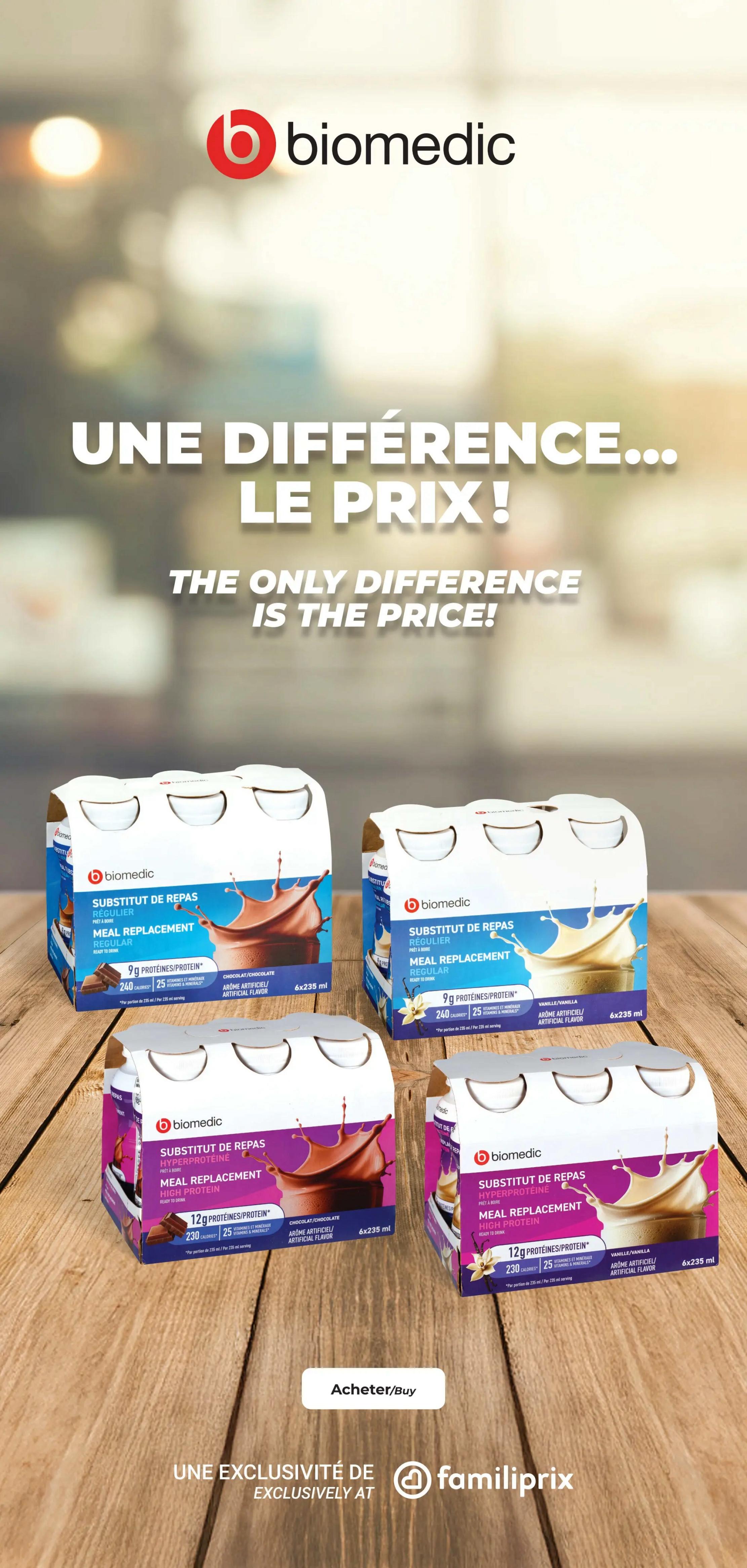 Familiprix flyer page 3 features Biomedic meal replacement drinks. The page highlights 'The only difference is the price!' and showcases four different varieties of Biomedic Meal Replacement. Two options are 'Regular' with 9g protein per serving and 240 calories, available in Chocolate and Vanilla flavours. Two other options are 'High Protein' with 12g protein per serving and 230 calories, also available in Chocolate and Vanilla flavours. All products are packaged in 6x235 ml containers and are ready to drink. The page also includes a 'Buy Now' button and indicates that these products are exclusively available at Familiprix.