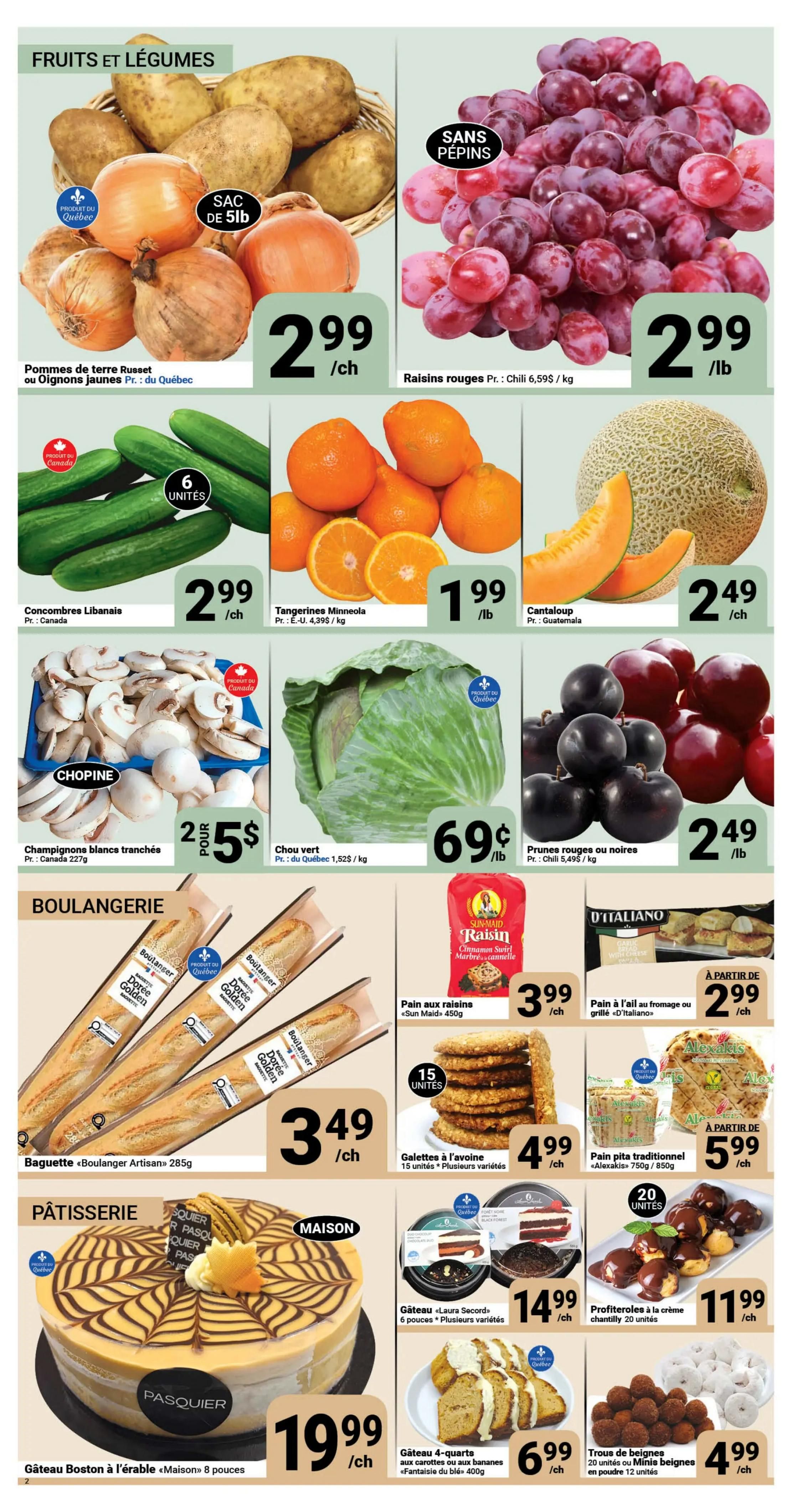 Pasquier Weekly Flyer Specials Page 2: Features Fruits & Vegetables including Russet Potatoes or Yellow Onions for $2.99/each, Seedless Red Grapes for $2.99/lb, Lebanese Cucumbers (6 units) for $2.99/each, Minneola Tangerines for $1.99/lb, Cantaloup for $2.49/each, Sliced White Mushrooms for 2 for $5, Green Cabbage for $0.69/lb, and Red or Black Plums for $2.49/lb. Bakery section offers Artisan Baguette 'Boulanger Artisan' 285g for $3.49/each, Sun Maid Raisin Bread for $3.99/each, 'D'Italiano' Grilled Cheese or Garlic Bread starting at $2.99/each, Oat Galettes (15 units) for $4.99/each, Traditional Pita Bread 'Alexakis' 750g/850g for $5.99/each. Desserts include 'Maison' Boston Cake with Maple 'Maison' 8 inches for $19.99/each, 'Laura Secord' Cake (6 inches, assorted varieties) for $14.99/each, 'Fantasie du blé' 400g Carrot or Banana Cake for $6.99/each, Cream Puffs 'chantilly' 20 units for $11.99/each, and Mini Donuts or 'Minis beignes' 20 units or in powder 12 units for $4.99/each.