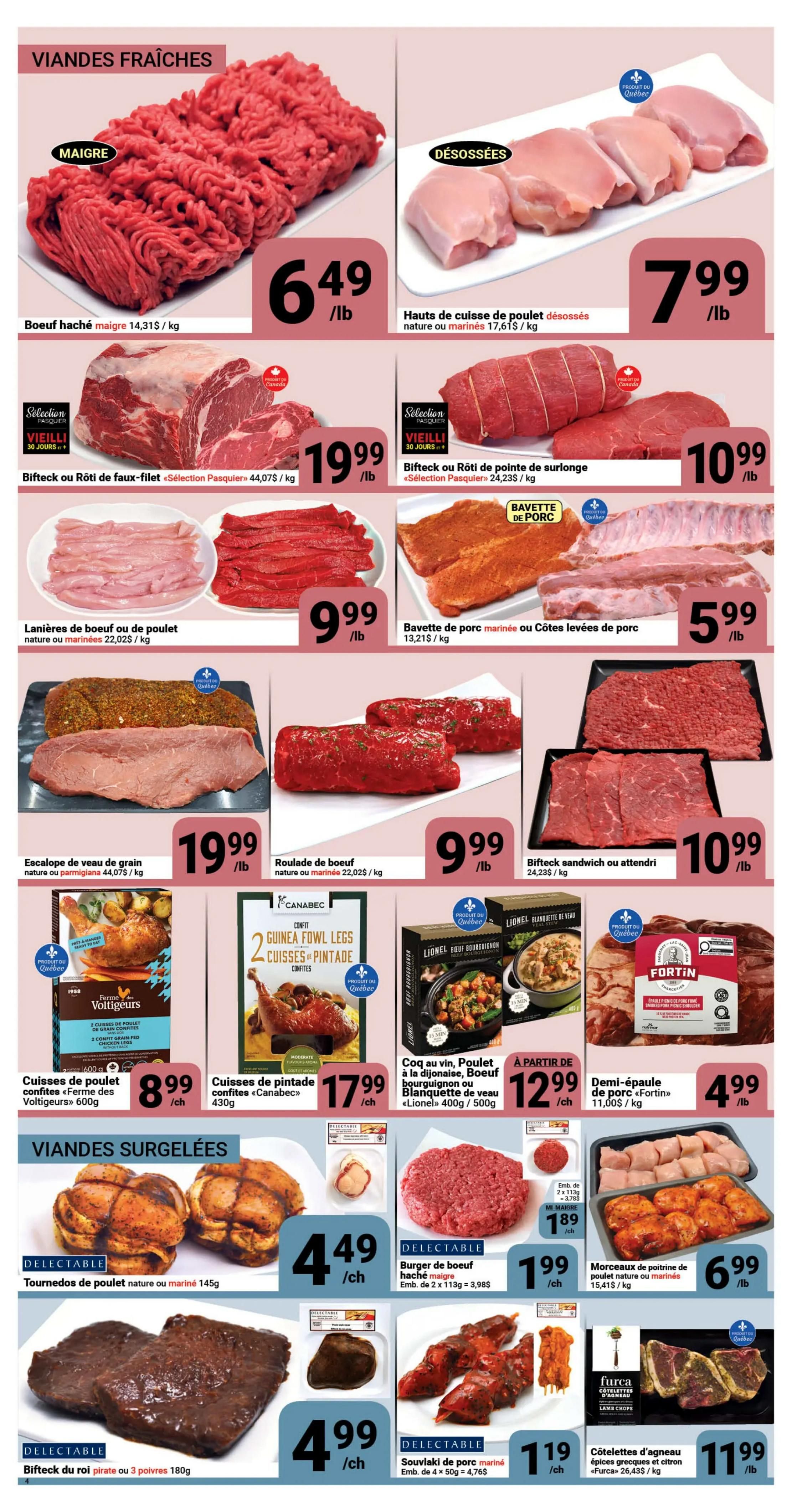 Pasquier weekly flyer specials page 4 features fresh and frozen meats. Fresh meat deals include lean ground beef for $6.49/lb, boneless skinless chicken thighs for $7.99/lb, Selection Pasquier aged beef or roast for $19.99/lb, Selection Pasquier sirloin tip roast for $10.99/lb, beef or chicken strips for $9.99/lb, marinated pork belly or pork back ribs for $5.99/lb, grain-fed veal cutlets for $19.99/lb, beef roulade for $9.99/lb, and sandwich steak or beef for $10.99/lb. Also featured are confit guinea fowl legs for $17.99 each, confit chicken legs from Ferme des Voltigers for $8.99 each, and coq au vin, chicken, beef bourguignon, or veal blanquette for $12.99 each. Frozen meat specials include chicken tournedos for $4.49 each, lean ground beef burgers for $1.99 each, pork souvlaki for $4.99 each, lamb chops for $11.99/lb, and pork shoulder for $4.99/lb. Chicken thigh pieces are $6.99/lb.