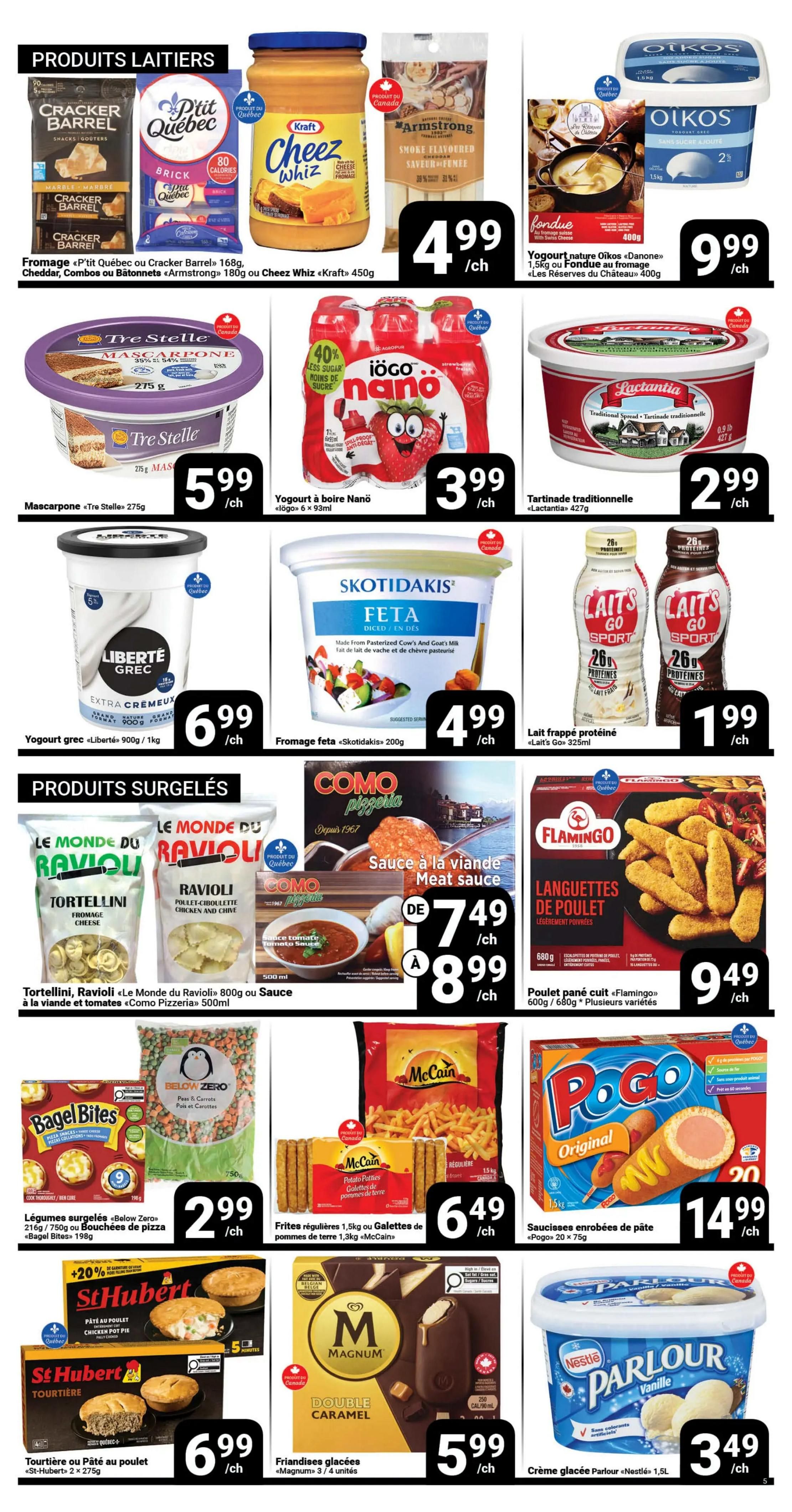 Page 5 of the Pasquier flyer features dairy products and frozen foods. Top section includes Cracker Barrel cheese snacks for $4.99, Armstrong Smoke Flavoured Cheddar for $4.99, Kraft Cheez Whiz for $4.99, and Les Réserves du Château fondue for $9.99. Also featured are Tre Stelle Mascarpone for $5.99, Iögo nano yogurt drinks for $3.99, and Lactantia traditional spread for $2.99. Liberté Grec Extra Crèmeux yogurt is $6.99, Skotidakis Feta cheese is $4.99, and Laits Go Sport protein drinks are $1.99. The bottom section, 'Frozen Products', showcases Tortellini, Ravioli 'Le Monde du Ravioli' 800g or sauce to meat sauce 'Como Pizzeria' 500ml with prices ranging from $7.49 to $8.99. Flamingo chicken fingers are $9.49. Below that, Bagel Bites are $2.99, McCain fries or potato gems are $6.49, Pogo original sausage rolls are $14.99. St-Hubert chicken pot pies or tourtière are $6.99, Magnum Double Caramel ice cream bars are $5.99, and Nestlé Parlour vanilla ice cream is $3.49.