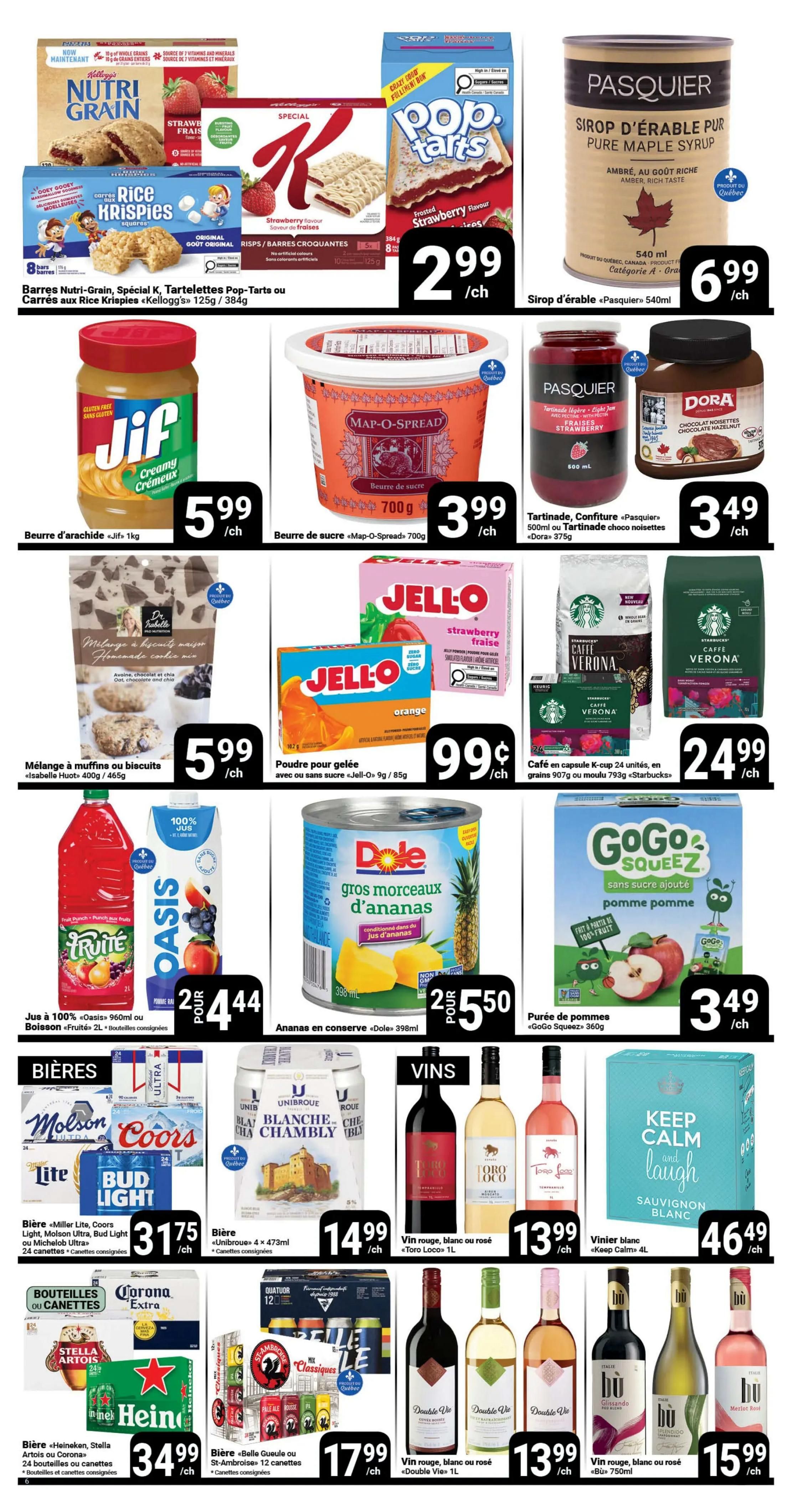 Pasquier weekly flyer specials page 6 features a variety of grocery items. Top row includes Kellogg's Nutri-Grain, Special K, and Pop-Tarts for $2.99 each, Jif Creamy Peanut Butter for $5.99, Map-O-Spread Sugar Spread for $3.99, and Pasquier Pure Maple Syrup for $6.99. Middle row showcases Isabelle Huot Muffin or Biscuit Mix for $5.99, Jell-O Gelatin Powder in strawberry and orange flavours for $0.99, and Starbucks Caffe Verona coffee in K-cups or whole bean for $24.99. Bottom row highlights Fruité 100% Juice and Oasis 960ml drinks for $2.44, Dole Pineapple Chunks for $2.50, and GoGo Squeez Apple Puree for $3.49. The beverage section includes Molson Canadian, Coors Light, Miller Lite, Bud Light, and Michelob Ultra beers for $31.75, Unibroue Blanche de Chambly beer for $14.99, Stella Artois, Corona Extra, and Heineken beers for $34.99, and Belle Gueule or St-Ambroise beers for $17.99. Wine selections feature Toro Loco red or rosé wine for $13.99, Keep Calm and Laugh Sauvignon Blanc for $46.49, Double Vie red, white, or rosé wine for $13.99, and Hu red, white, or rosé wine for $15.99.