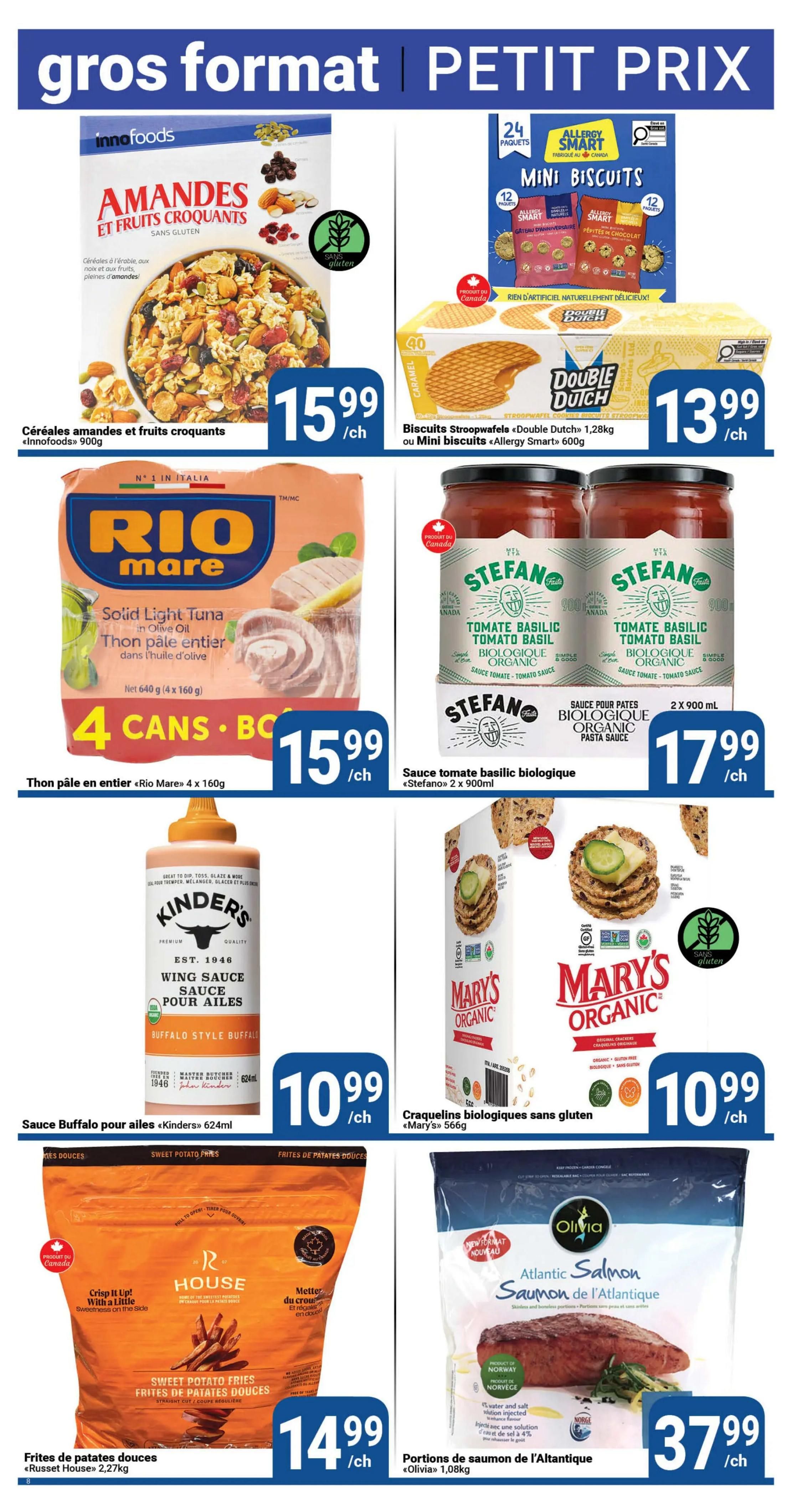 Pasquier weekly flyer specials page 8 features InnoFoods Almonds and Crunchy Fruits cereal for $15.99, Allergy Smart Mini Biscuits and Double Dutch Stroopwafels for $13.99. Also on sale is Rio Mare Solid Light Tuna in Olive Oil, 4 cans for $15.99, and Stefano Organic Tomato Basil Pasta Sauce, 2 x 900ml for $17.99. Kinders Wing Sauce Buffalo Style is $10.99, and Mary's Organic Gluten-Free Crackers are $10.99. R House Sweet Potato Fries 'Russet' 2.27kg are $14.99, and Olivia Atlantic Salmon portions from Norway are $37.99.