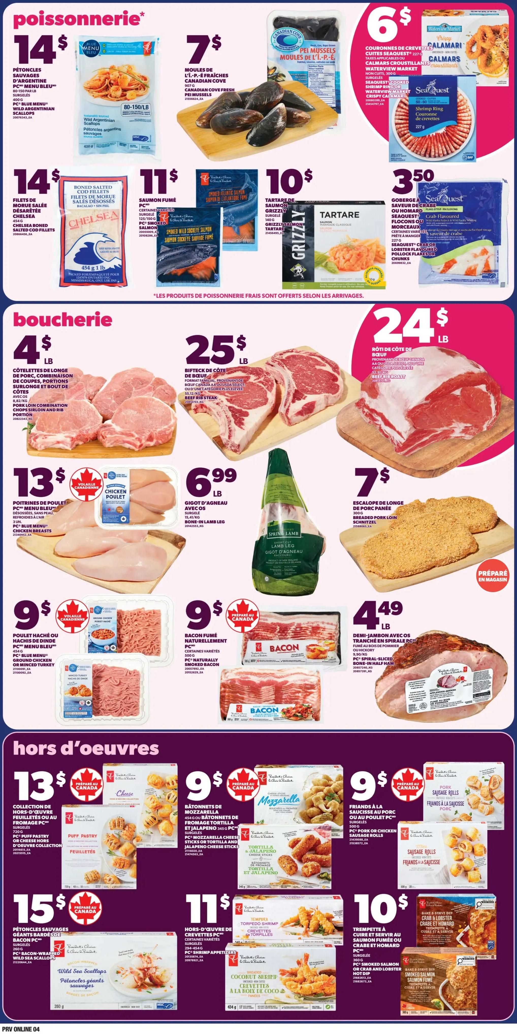 Provigo weekly flyer specials page 4 features seafood, butcher, and appetizer deals. In the seafood section, find Wild Argentine Scallops for $14, PEI Mussels for $7, Boned Salted Cod Fillets for $14, Smoked Salmon for $11, and Tartare for $10. The butcher section offers Pork Loin Combination Chops for $4/lb, Beef Rib Steak for $25/lb, Beef Roast for $24/lb, Chicken Breasts for $13, Lamb Leg for $6.99/lb, Breaded Pork Loin Schnitzel for $7, Ground Chicken or Turkey for $9, and Smoked Bacon for $9. Appetizers include Puff Pastry for $13, Mozzarella Cheese Sticks for $9, Pork or Chicken Sausage Rolls for $9, Wild Sea Scallops for $15, Tempura Shrimp Appetizers for $11, and Smoked Salmon Dip for $10.
