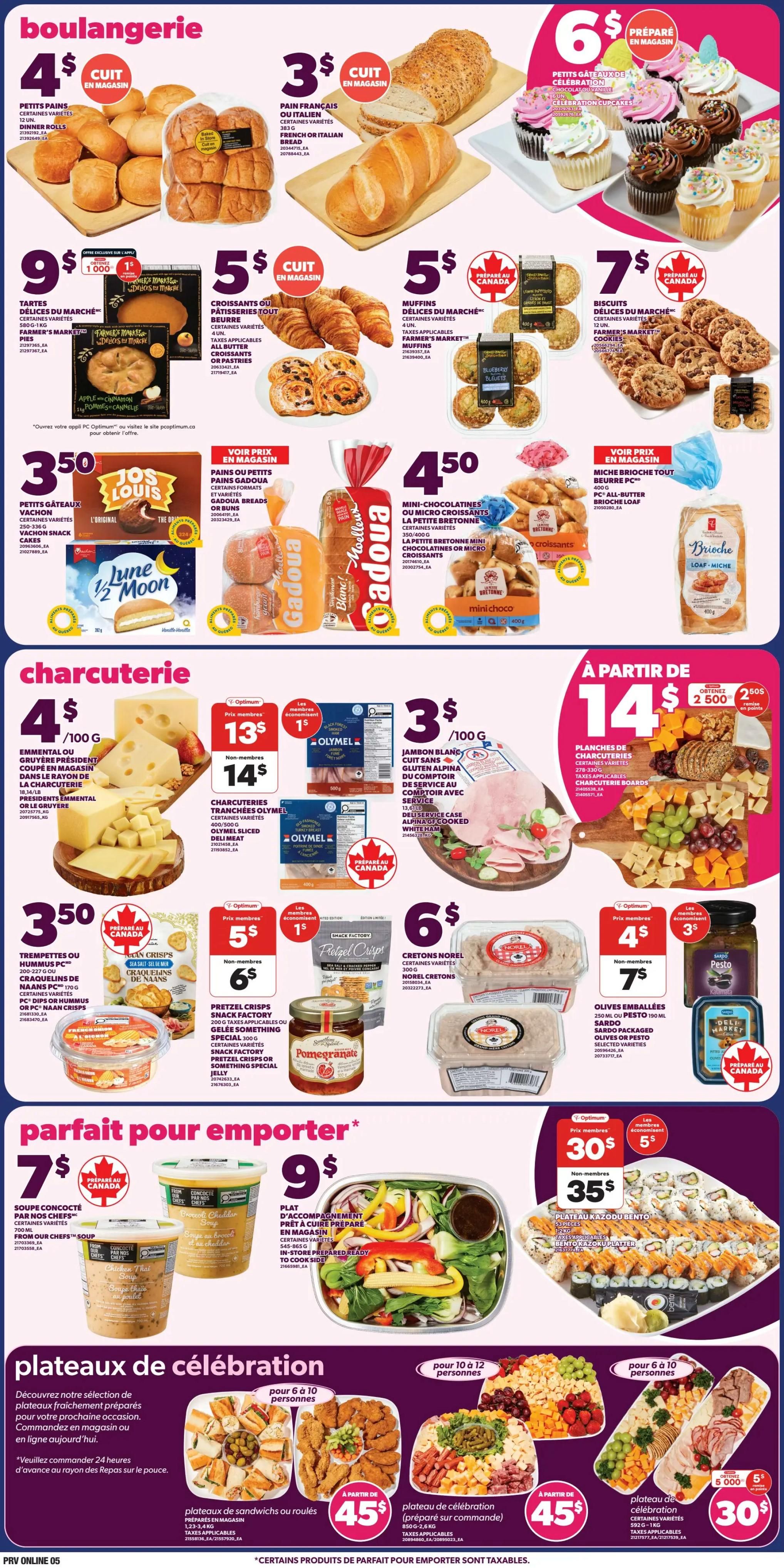 Provigo weekly flyer specials page 5 features bakery items including French or Italian bread for $3, assorted dinner rolls for $4, croissants or pastries for $5, and muffins for $5. Also available are celebration cupcakes for $6, apple cinnamon tarts for $9, and cookies for $7. The charcuterie section offers Emmental or Gruyère cheese for $4/100g, sliced Olymel charcuterie for $13 (member price) or $14 (non-member price), and gluten-free cooked white ham for $3/100g. Snack items include PC Hummus or Naan Crisps for $3.50, Pomegranate jelly for $6, and Norel cretons for $6. Ready-to-eat options include From Our Chefs soup for $7, a prepared salad for $9, and a Kazou bento platter for $30 (member price) or $35 (non-member price). Celebration platters are available starting at $45 for sandwiches or rolls, $45 for a prepared charcuterie platter, and $30 for a celebration platter for 6 to 10 people.